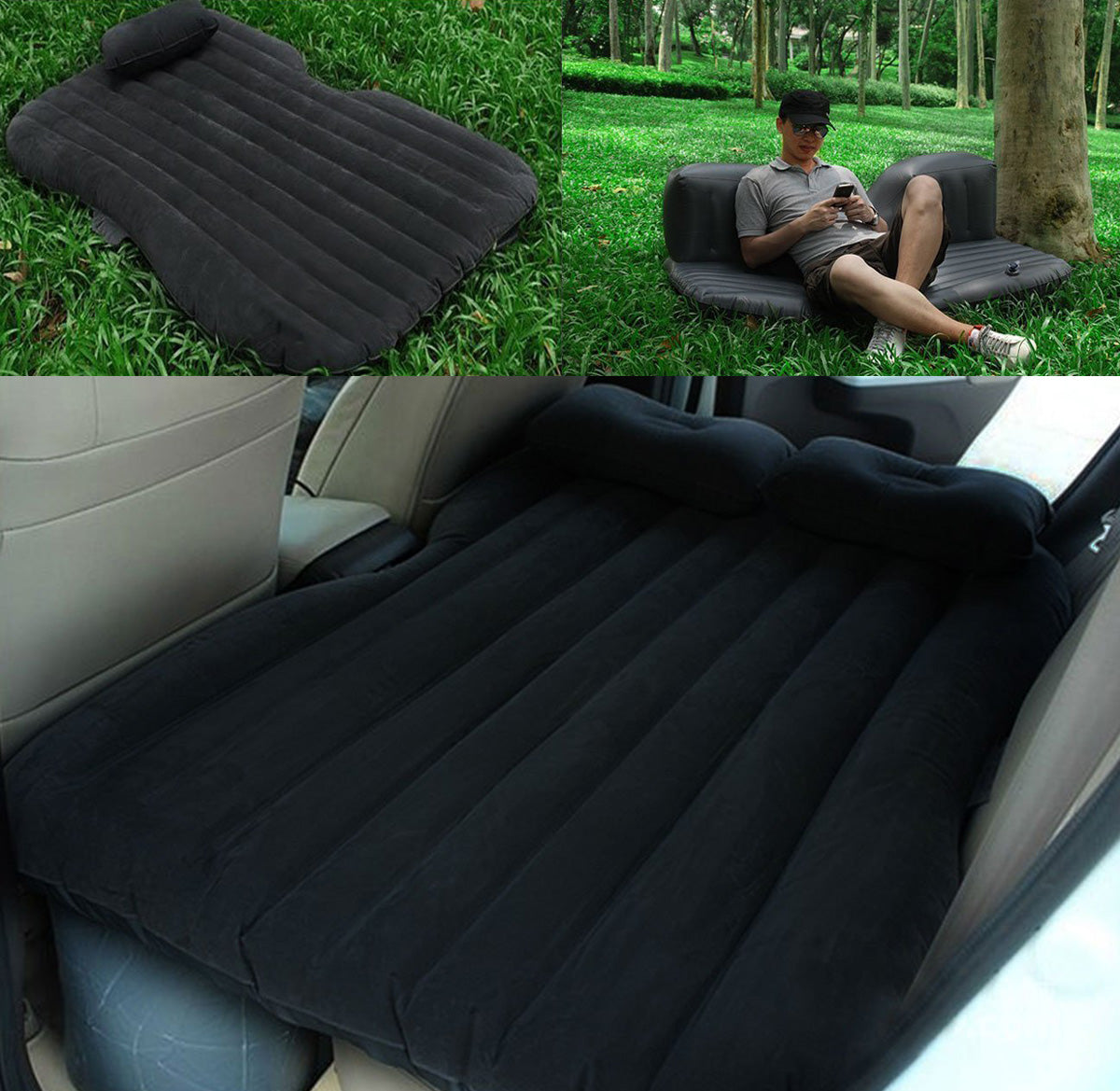 Oshotto Multifunctional Car Travel Inflatable Bed Mattress with Two Air Pillows, Car Air Pump and Repair kit for All Cars (Black)