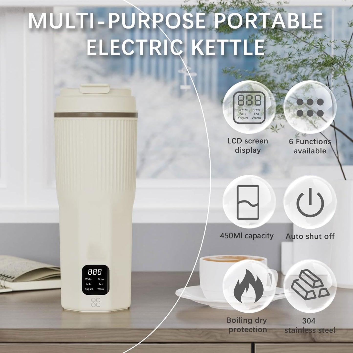 Oshotto 100-240V (CK06) Portable Electric Kettle 304 Stainless Steel Portable Kettle with 6 Temperature with Boil Dry Protection, BPA-Free For Travel Camping, Road Trip Warm White (450ml)