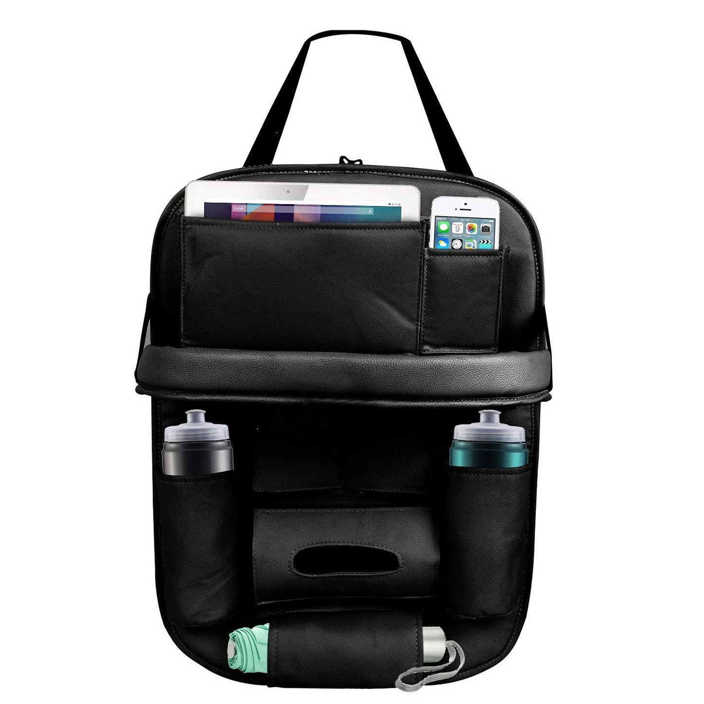 Oshotto Car Backseat Storage Organizer with Foldable Tray, Multi-Pocket for Bottles, Tissue Boxes Compatible with All Cars (Black)
