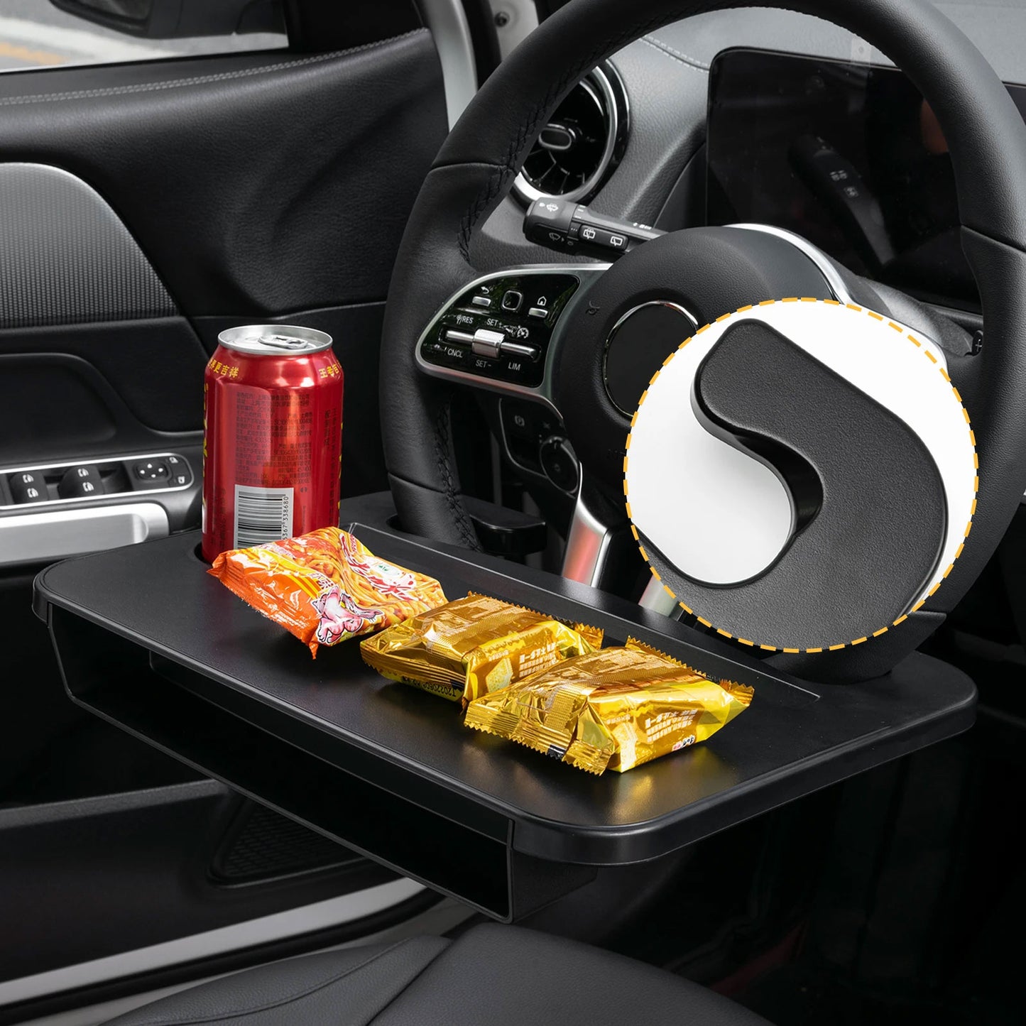 Oshotto FT-06 Dual Purpose Car Steering Wheel Rack Desk Vehicle seat Gap Organizer Dinning car Tray Table Cup Holder Compatible with All (Black)