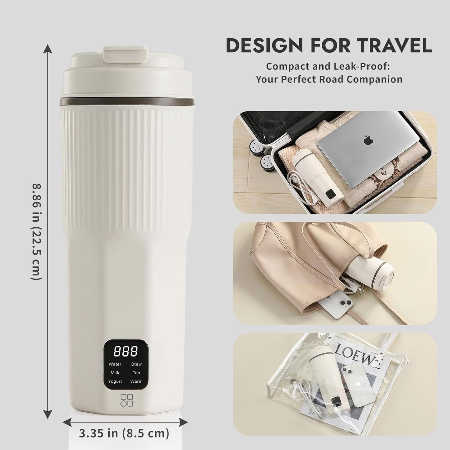 Oshotto 100-240V (CK06) Portable Electric Kettle 304 Stainless Steel Portable Kettle with 6 Temperature with Boil Dry Protection, BPA-Free For Travel Camping, Road Trip Warm White (450ml)