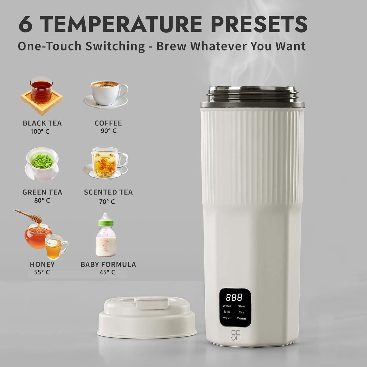 Oshotto 12/24V (CK04) Car Portable Electric Kettle 304 Stainless Steel Portable Kettle with 6 Temperature with Boil Dry Protection, BPA-Free For Travel Camping, Road Trip Warm White (450ml)