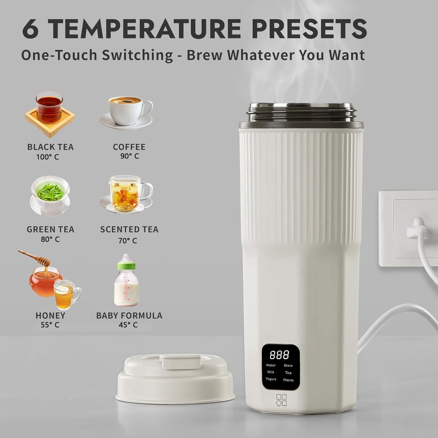 Oshotto 100-240V (CK06) Portable Electric Kettle 304 Stainless Steel Portable Kettle with 6 Temperature with Boil Dry Protection, BPA-Free For Travel Camping, Road Trip Warm White (450ml)