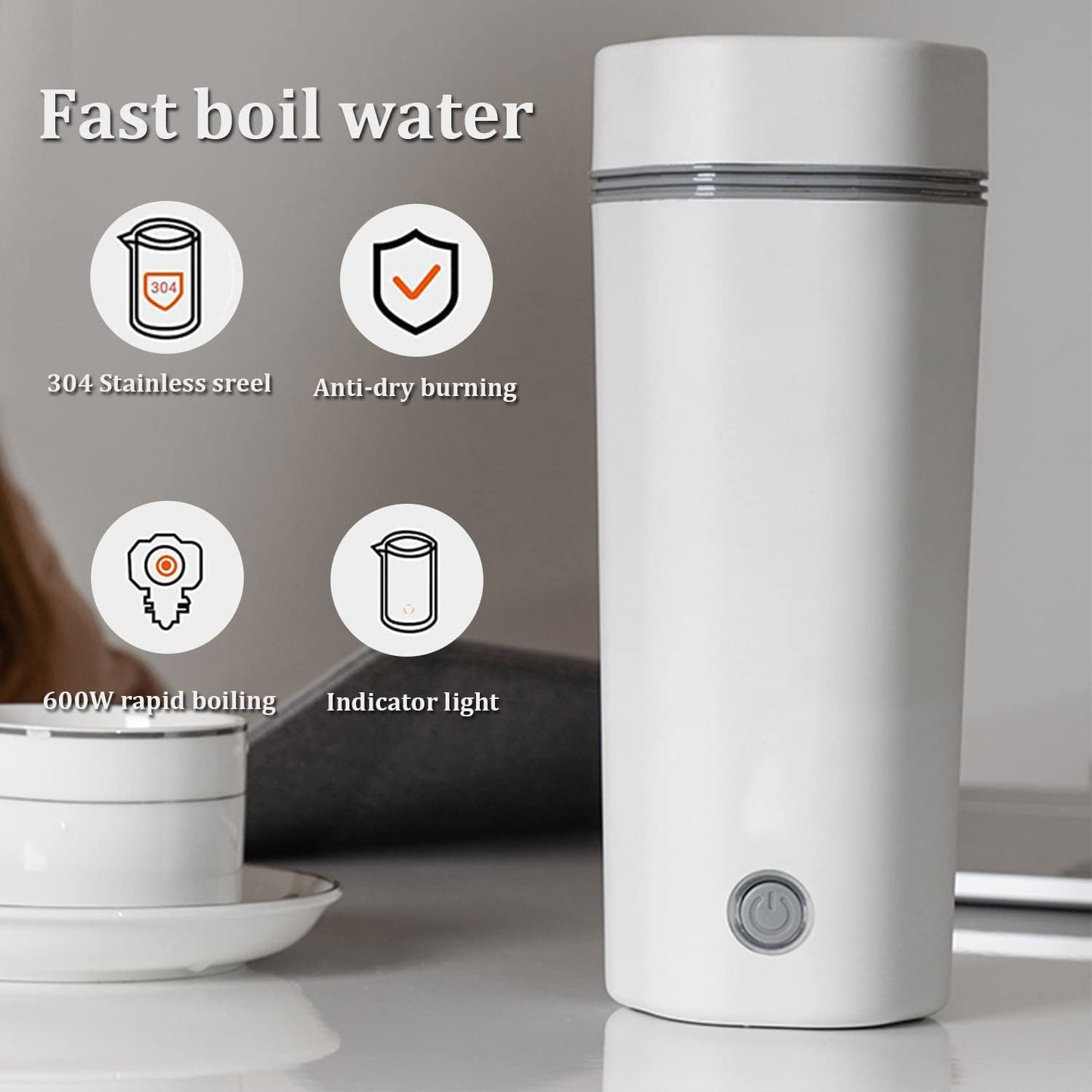Oshotto 12V Portable Electric Kettle Cup Stainless Steel Electric Kettle Auto Shut-off For Travel Camping, Road Trip for Cars (350ml)