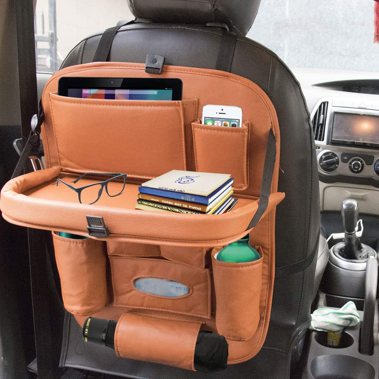 Oshotto Car Backseat Storage Organizer with Foldable Tray, Multi-Pocket for Bottles, Tissue Boxes Compatible with All Cars (Tan)