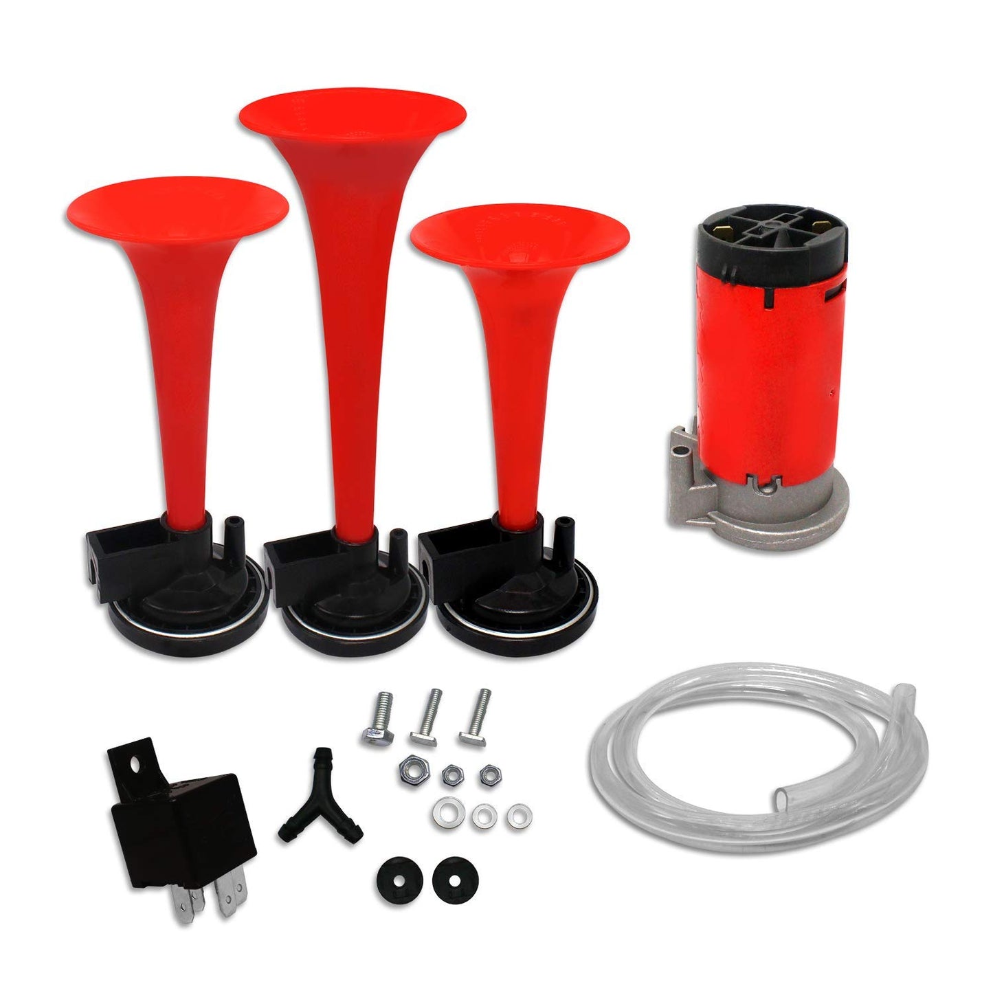 Oshotto 3 Pipe Air Pressure Horn for Cars, Trucks, Boats, ATVS & Heavy Vehicles (Red)