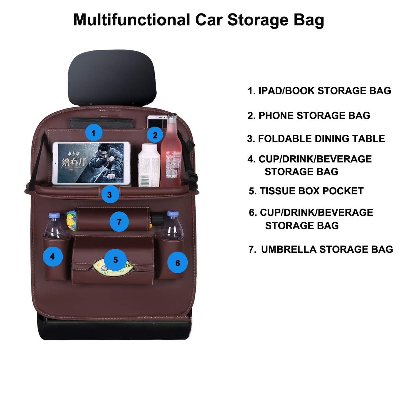 Oshotto Car Backseat Storage Organizer with Foldable Tray, Multi-Pocket for Bottles, Tissue Boxes Compatible with All Cars (Brown)
