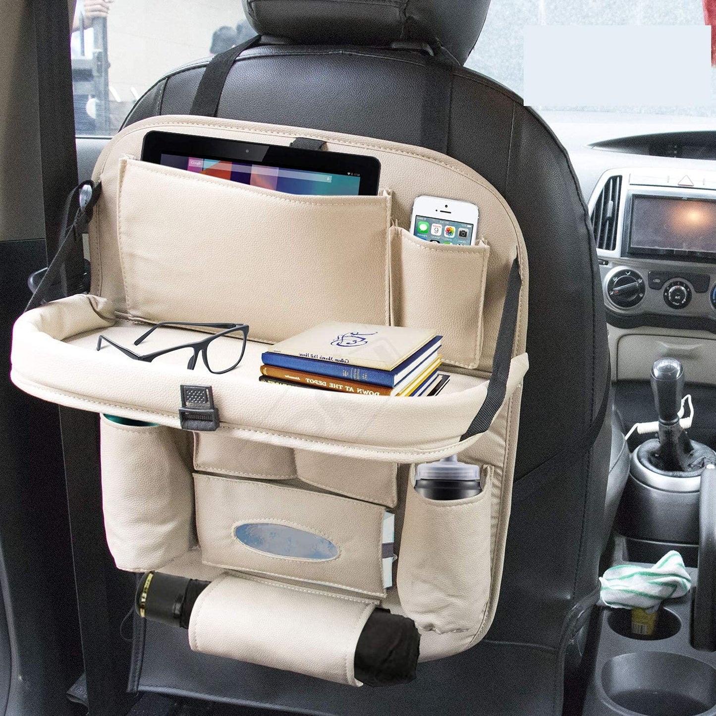 Oshotto Car Backseat Storage Organizer with Foldable Tray, Multi-Pocket for Bottles, Tissue Boxes Compatible with All Cars (Beige)