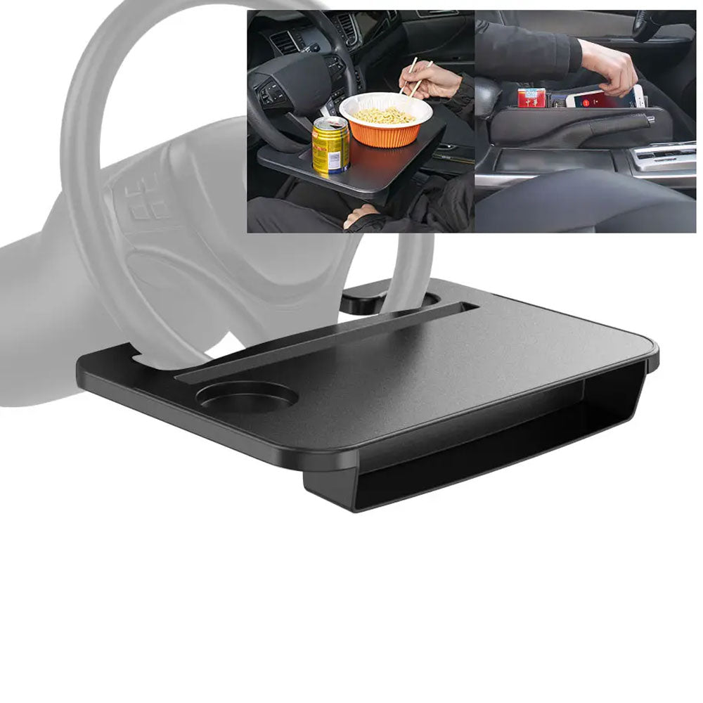 Oshotto FT-06 Dual Purpose Car Steering Wheel Rack Desk Vehicle seat Gap Organizer Dinning car Tray Table Cup Holder Compatible with All (Black)