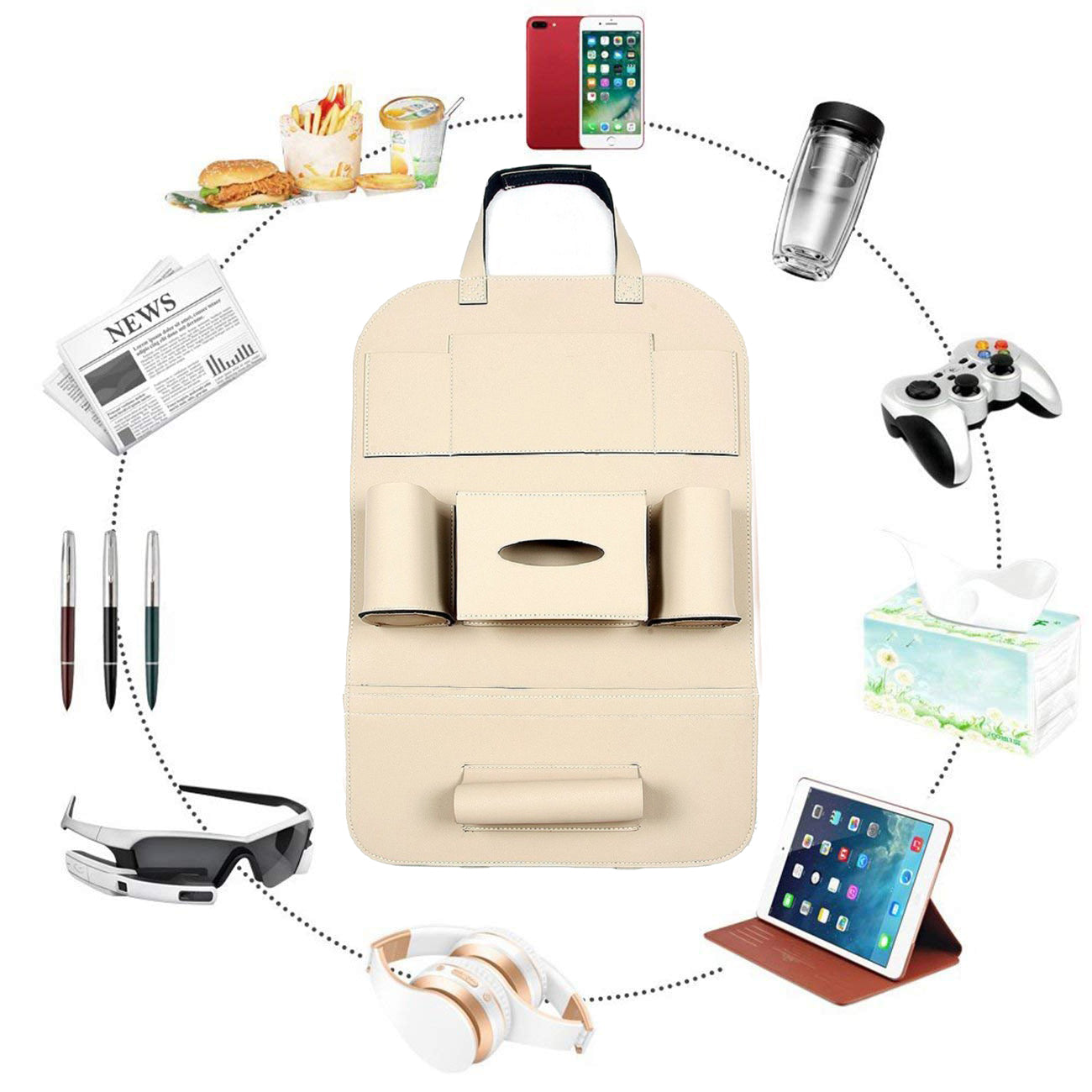 Oshotto Car Backseat Storage Organizer Phone Holder,Multi-Pocket for Bottles, Tissue Boxes,Kids Toy Storage and Great Travel Accessory for All Cars (Beige)