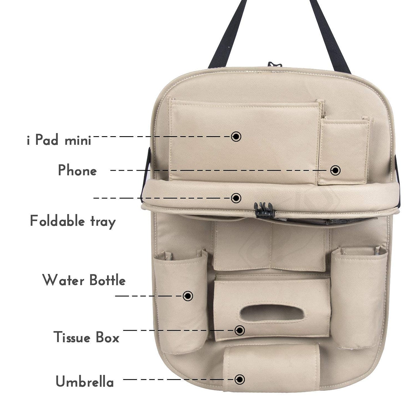 Oshotto Car Backseat Storage Organizer with Foldable Tray, Multi-Pocket for Bottles, Tissue Boxes Compatible with All Cars (Beige)