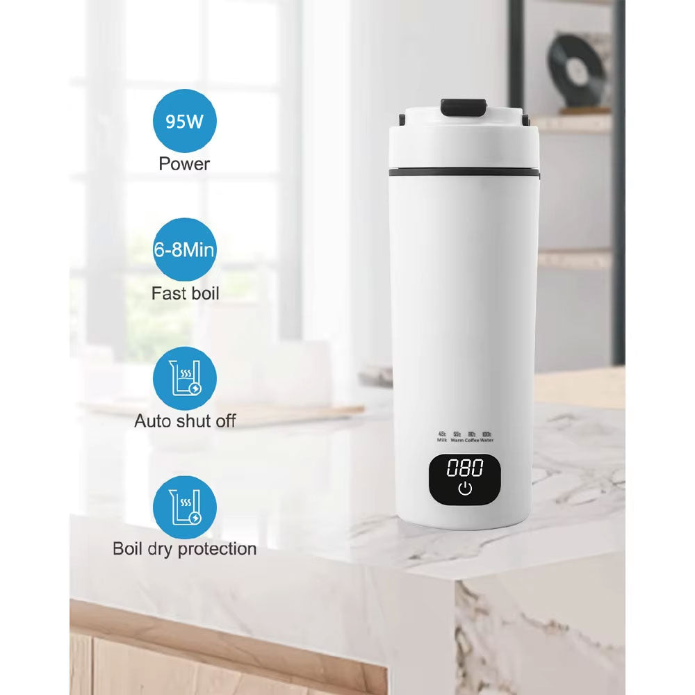 Oshotto 12/24V (CK03) Car Electric Water Kettle with LCD Digital 4 Variable Presets Auto Shut-off 304 Stainless Steel Liner Leak-Proof For Travel Camping, Road Trip for Cars (450ml)