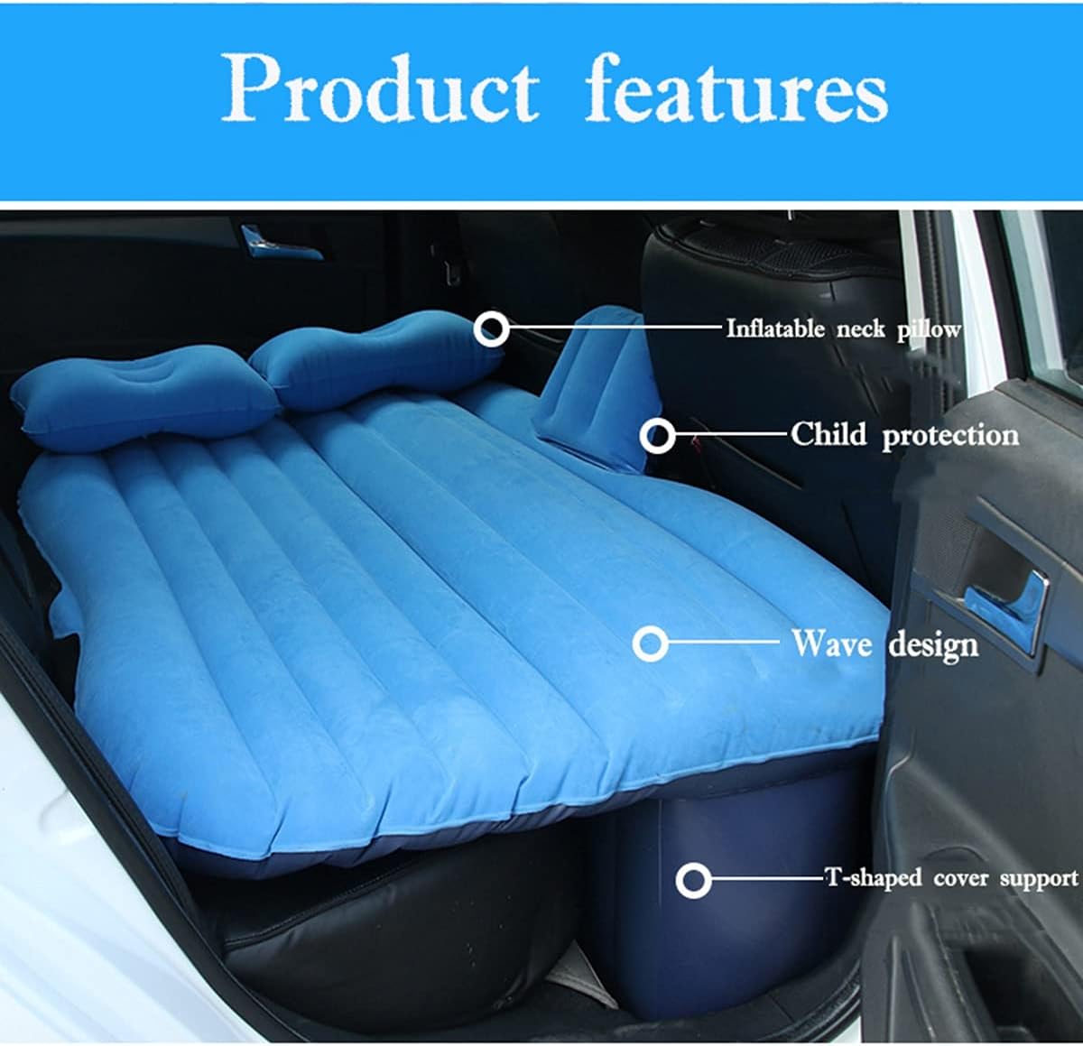 Oshotto Multifunctional Car Travel Inflatable Bed Mattress with Two Air Pillows, Car Air Pump and Repair kit for All Cars (Blue)