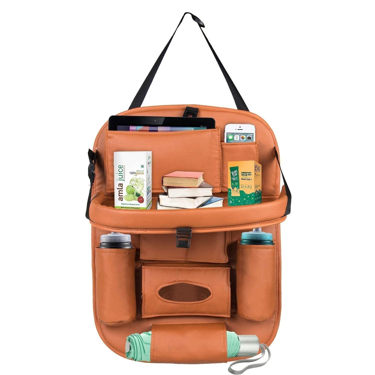 Oshotto Car Backseat Storage Organizer with Foldable Tray, Multi-Pocket for Bottles, Tissue Boxes Compatible with All Cars (Tan)