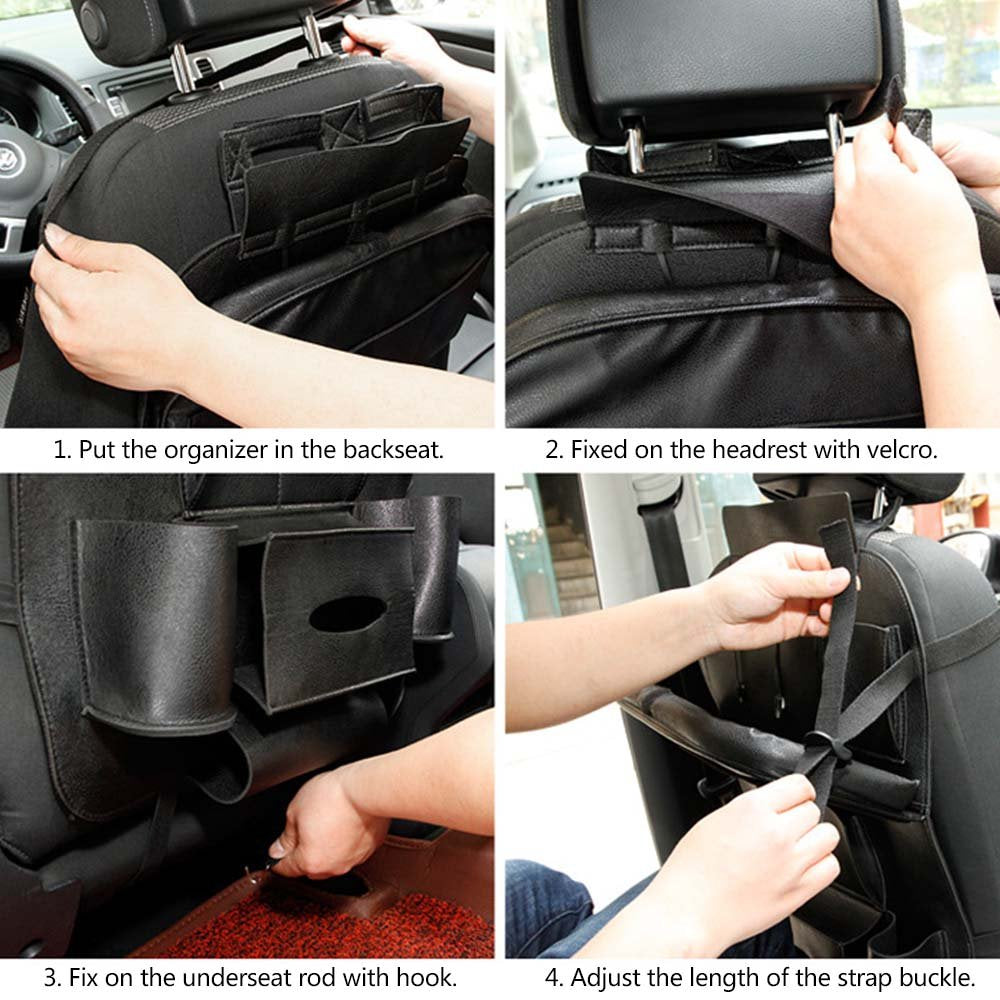 Oshotto Car Backseat Storage Organizer with Foldable Tray, Multi-Pocket for Bottles, Tissue Boxes Compatible with All Cars (Dark Grey)