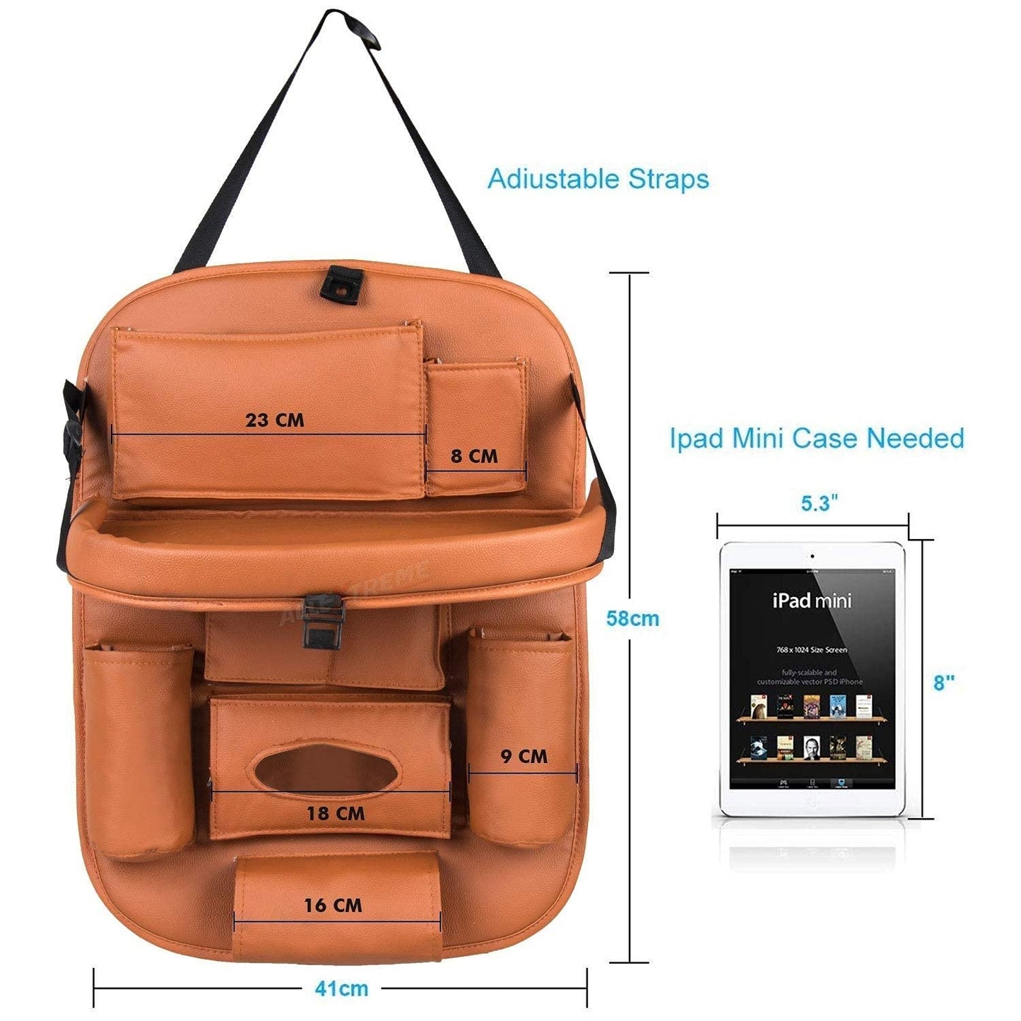 Oshotto Car Backseat Storage Organizer with Foldable Tray, Multi-Pocket for Bottles, Tissue Boxes Compatible with All Cars (Tan)