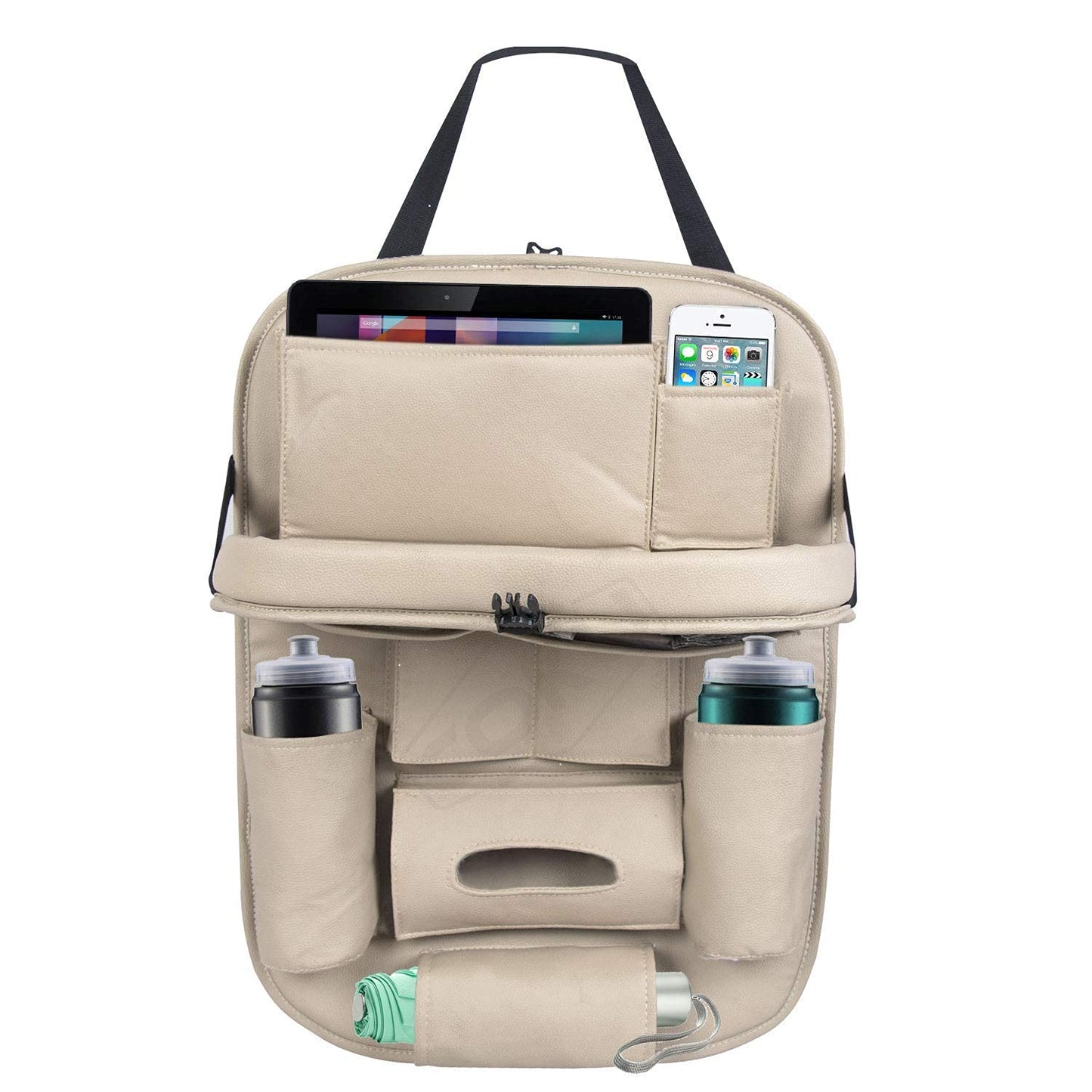Oshotto Car Backseat Storage Organizer with Foldable Tray, Multi-Pocket for Bottles, Tissue Boxes Compatible with All Cars (Beige)