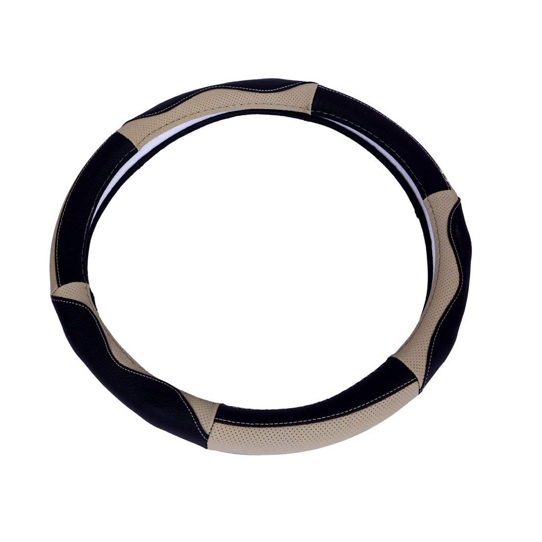 Oshotto SC-008 Leather Car Steering Cover (Black and Beige,Medium)