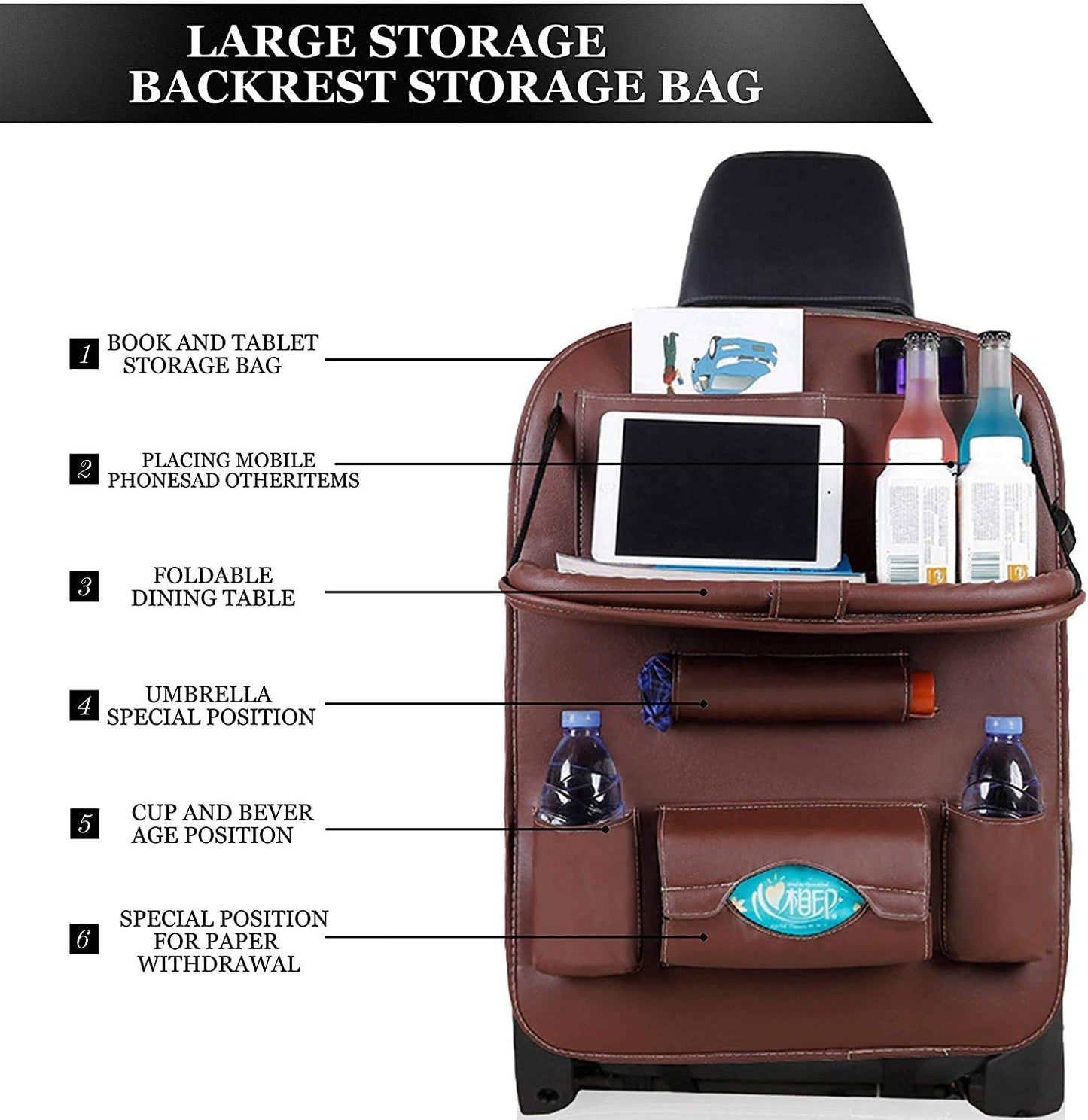 Oshotto Car Backseat Storage Organizer with Foldable Tray, Multi-Pocket for Bottles, Tissue Boxes Compatible with All Cars (Brown)