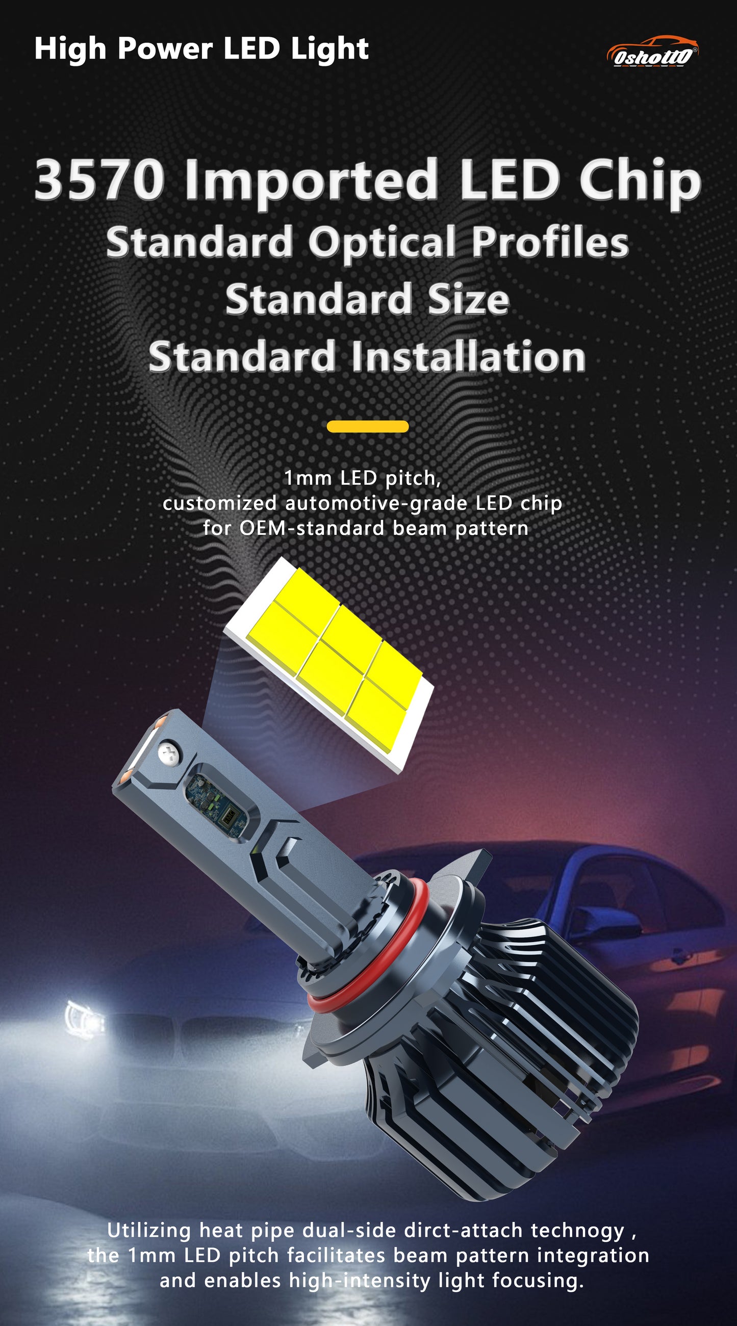 Oshotto 9007 150W High Power Car LED Bulbs 7500Lm 6500K Car Headlight Bulb Halogen Replacement - Superior Brightness, Cool White Light