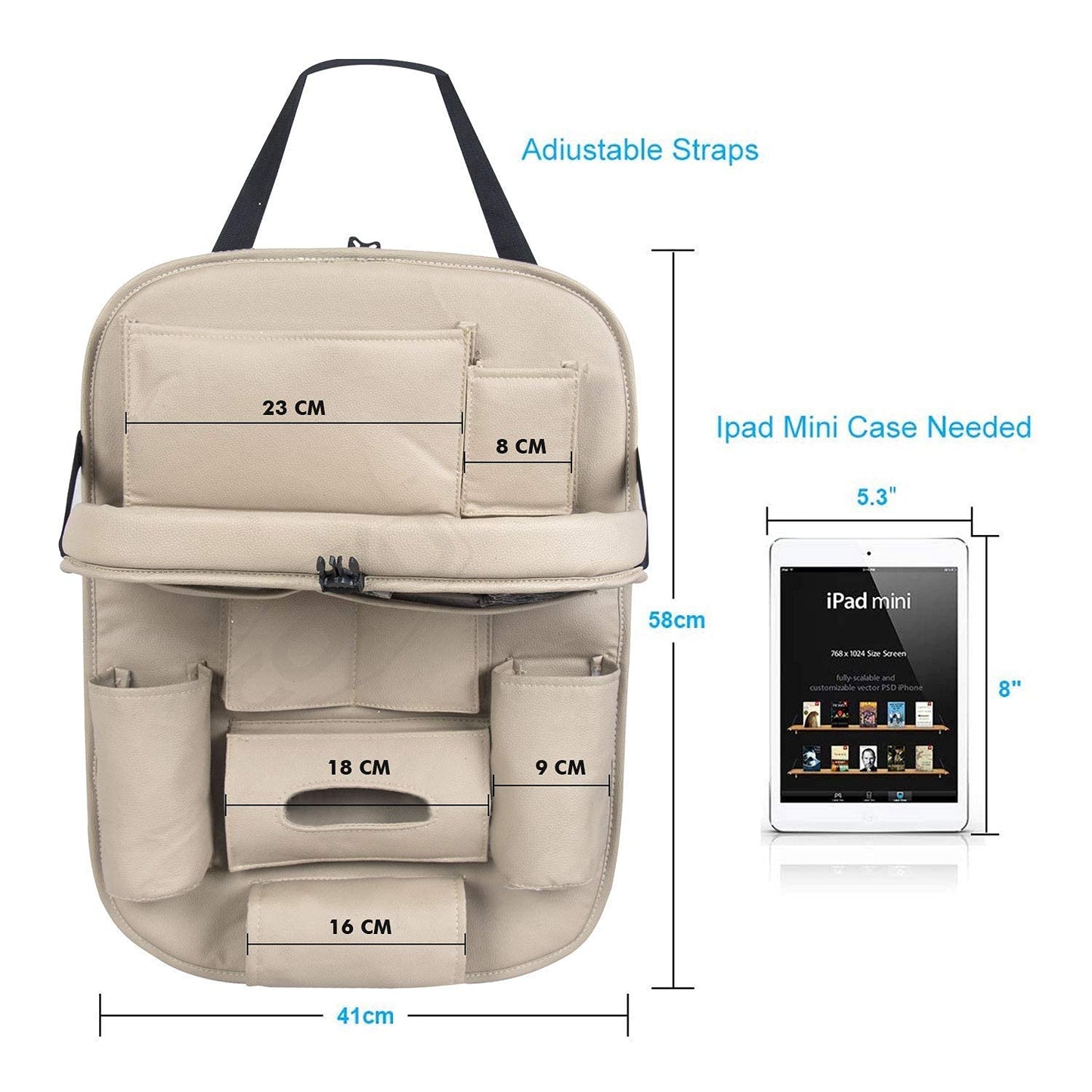 Oshotto Car Backseat Storage Organizer with Foldable Tray, Multi-Pocket for Bottles, Tissue Boxes Compatible with All Cars (Beige)