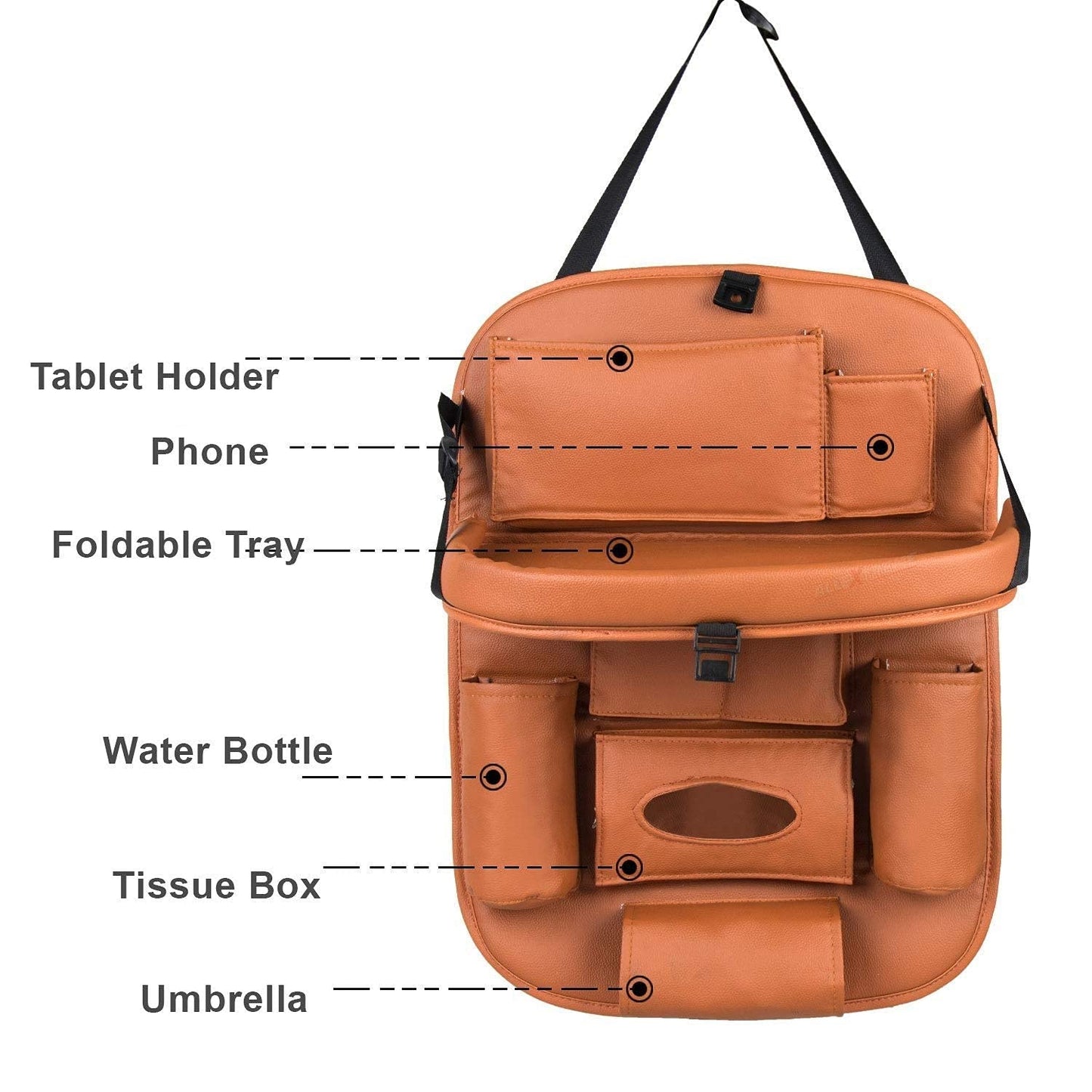 Oshotto Car Backseat Storage Organizer with Foldable Tray, Multi-Pocket for Bottles, Tissue Boxes Compatible with All Cars (Tan)