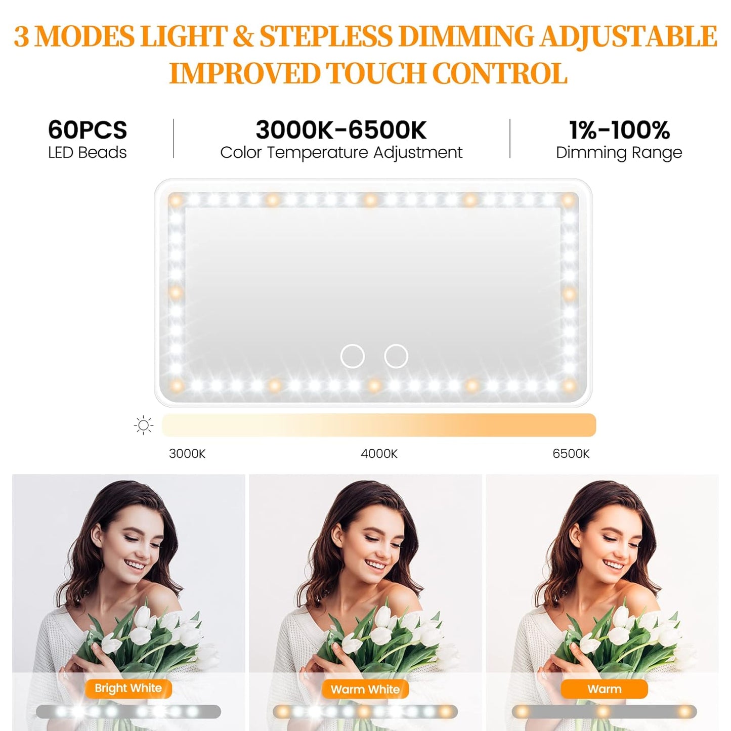 Oshotto Car Visor Vanity Mirror with 60 LED Lights, Cosmetic Mirror with Built-in Rechargeable Battery Touch Screen LED Makeup 3 Light Mode Compatible with All Cars (White)
