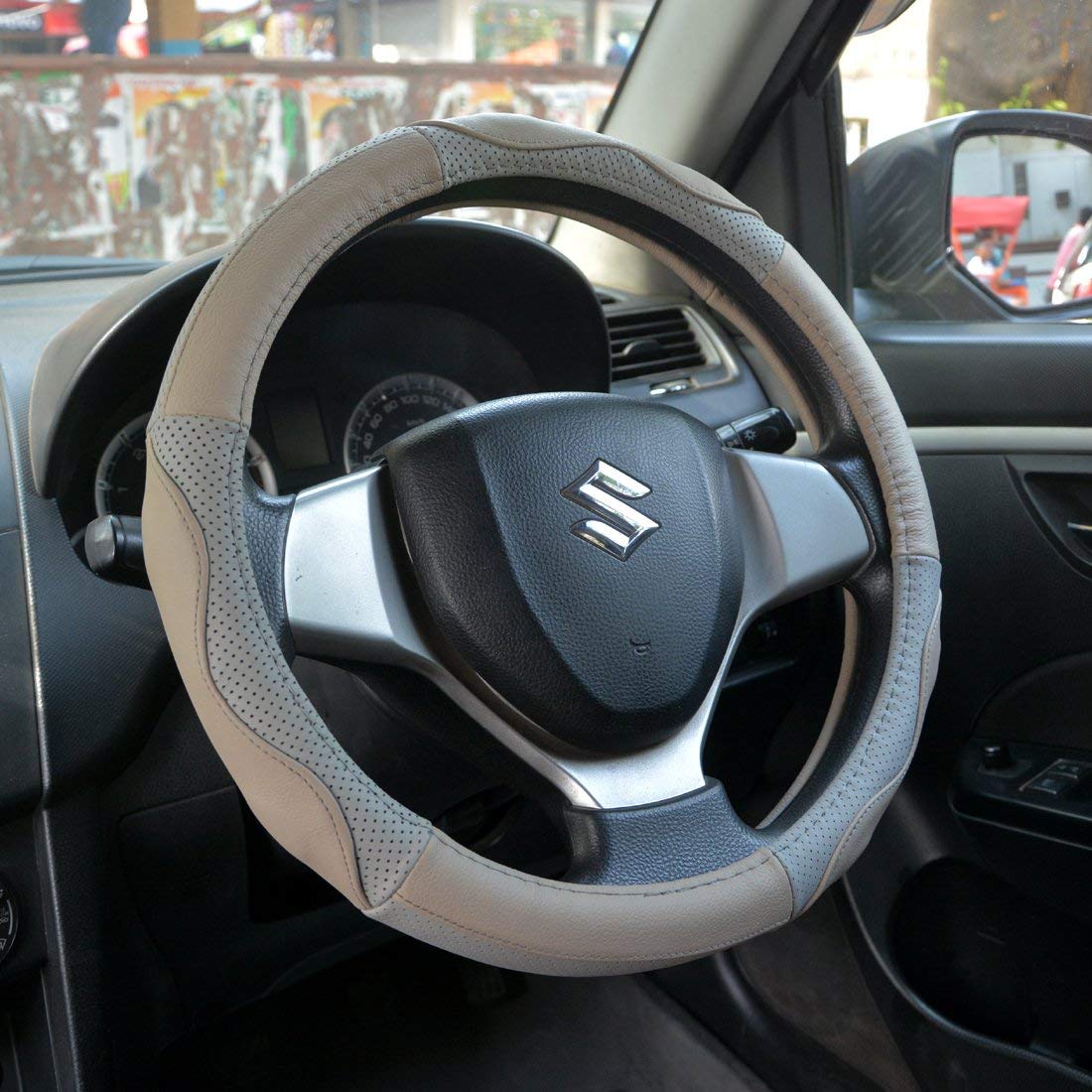 Oshotto SC-004 Leather Car Steering Cover (Beige and Grey,Medium)