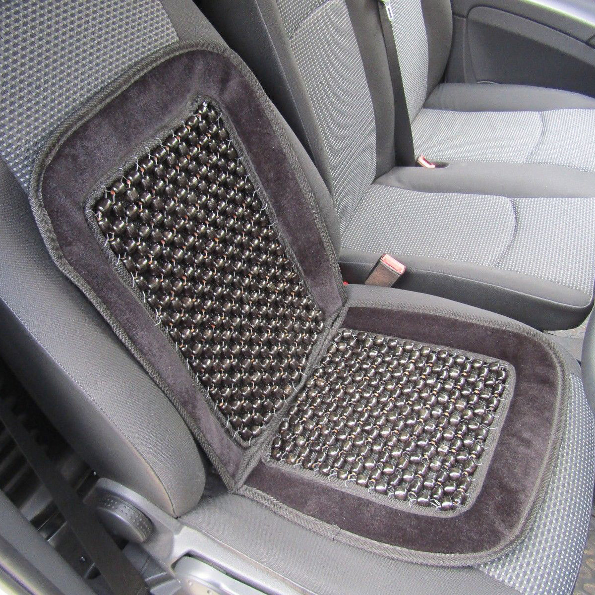 Oshotto Car Wooden Bead Seat Cushion with Velvet Border for All Cars - (Grey) - 1 Piece