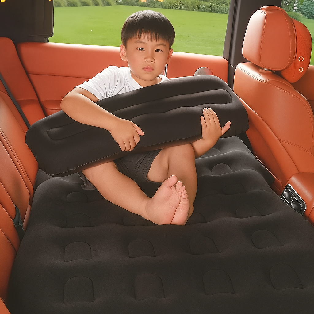 Oshotto Self-Inflating Car Air Mattress with Built-in Electric Pump – Portable Inflatable Travel Bed for Back Seat, Camping & Road Trips – Fast Inflation, Durable & Comfortable (Black)