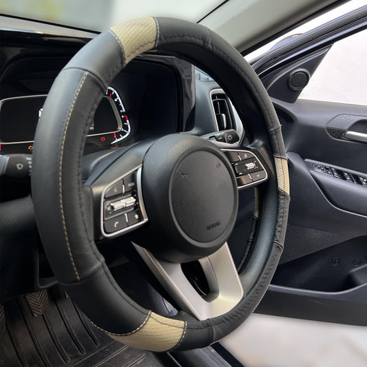 Oshotto SC-011-A Leather Car Steering Cover (Black, Beige,Medium)