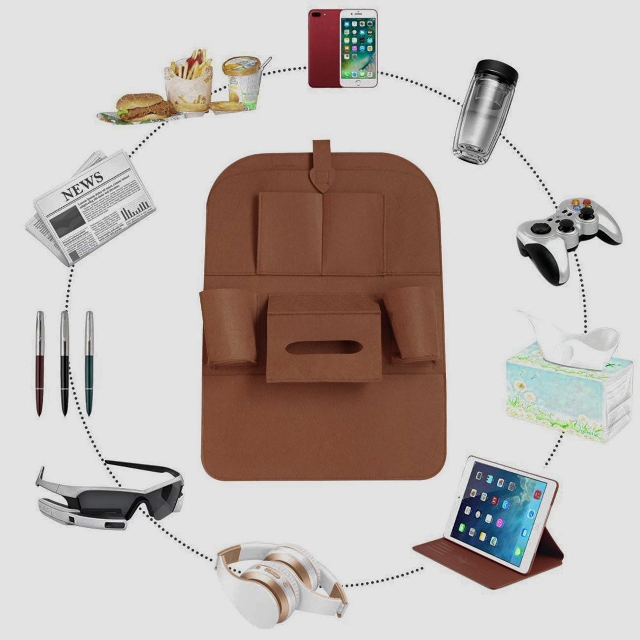 Oshotto Car Backseat Storage Organizer Phone Holder,Multi-Pocket for Bottles, Tissue Boxes,Kids Toy Storage and Great Travel Accessory for All Cars (Brown)