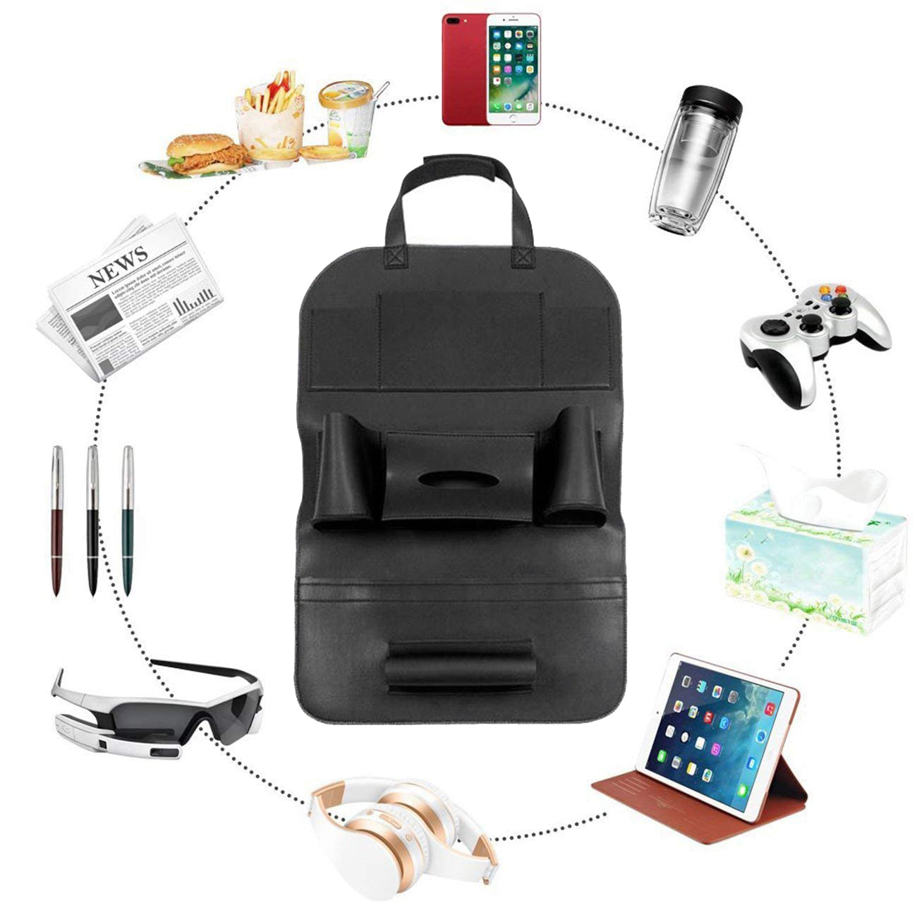Oshotto Car Backseat Storage Organizer Phone Holder,Multi-Pocket for Bottles, Tissue Boxes,Kids Toy Storage and Great Travel Accessory for All Cars (Black)