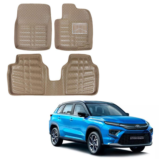 Oshotto 4D Artificial Leather Car Floor Mats For Toyota Urban Cruiser Hyryder 2022 Onwards - Set of 3 (2 pcs Front & one Long Single Rear pc) - Beige