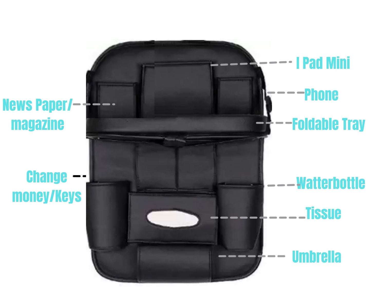 Oshotto Car Backseat Storage Organizer with Foldable Tray, Multi-Pocket for Bottles, Tissue Boxes Compatible with All Cars (Black)