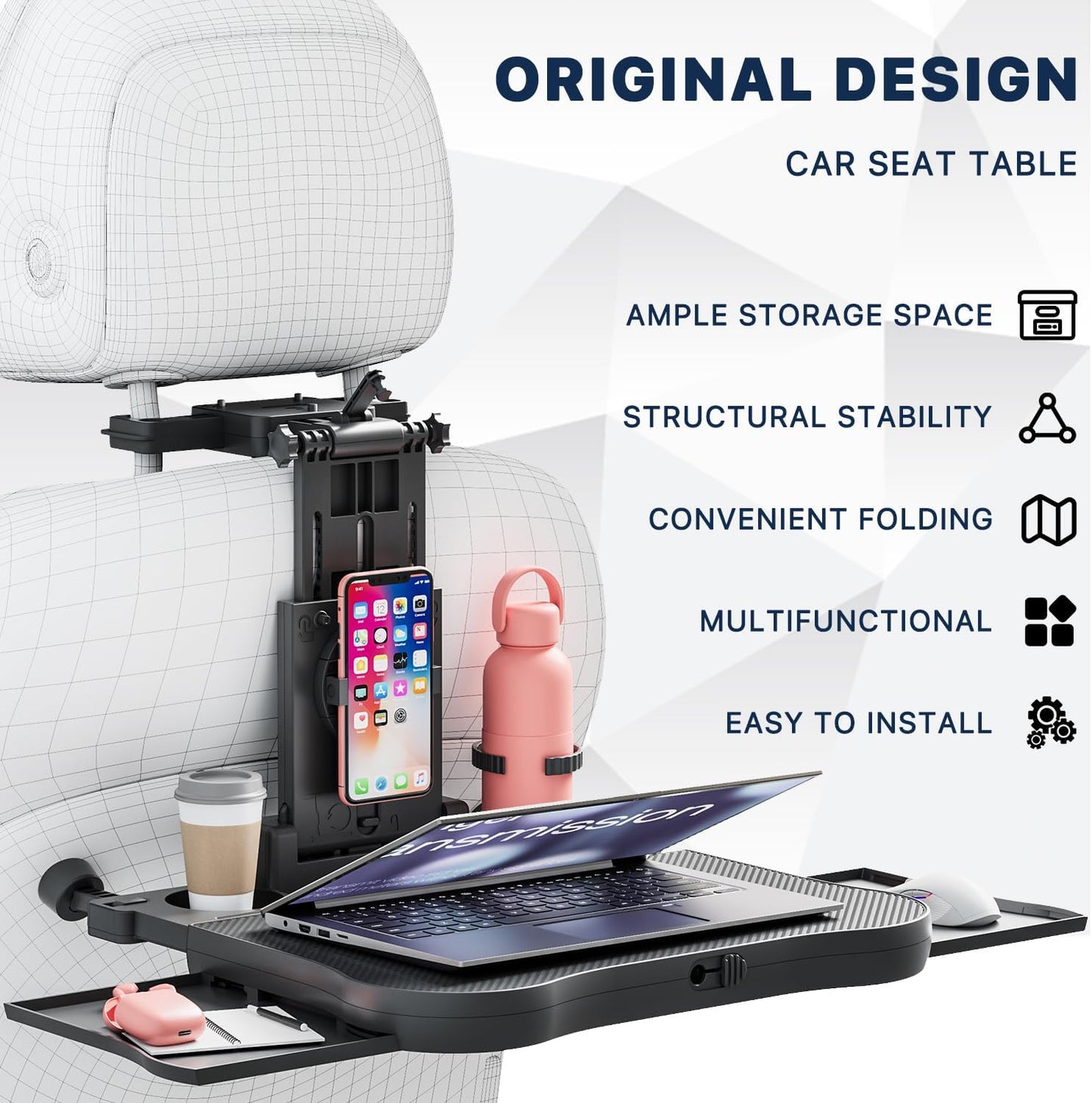 Oshotto (FT-10) Multifunctional Car Backseat Laptop and Food Tray Desk with Phone Holder, Cup Holder & Storage Drawers – Adjustable Foldable Car Table for Work, Travel & Dining