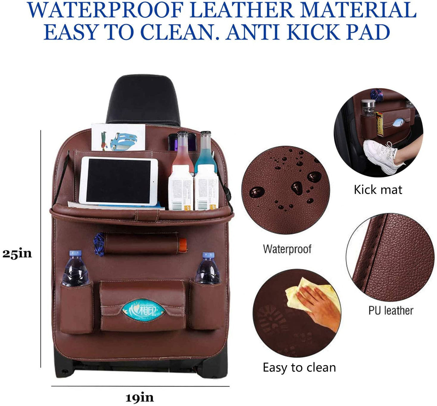 Oshotto Car Backseat Storage Organizer with Foldable Tray, Multi-Pocket for Bottles, Tissue Boxes Compatible with All Cars (Brown)