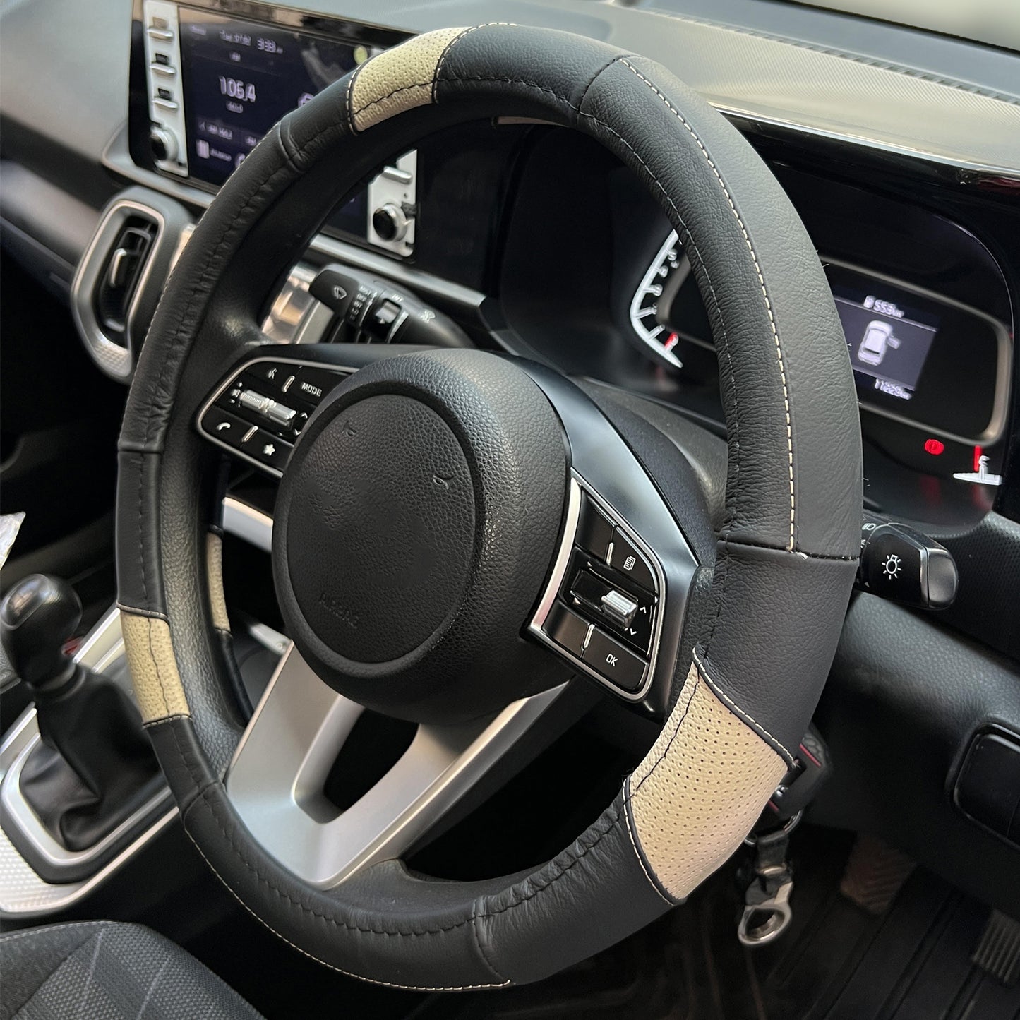 Oshotto SC-011-A Leather Car Steering Cover (Black, Beige,Medium)