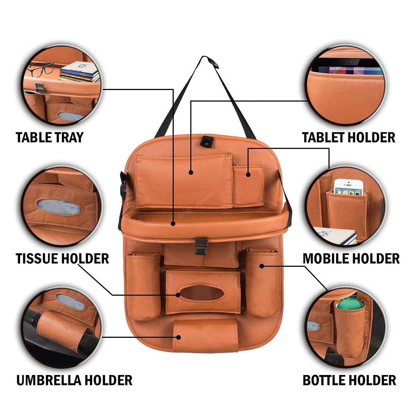 Oshotto Car Backseat Storage Organizer with Foldable Tray, Multi-Pocket for Bottles, Tissue Boxes Compatible with All Cars (Tan)