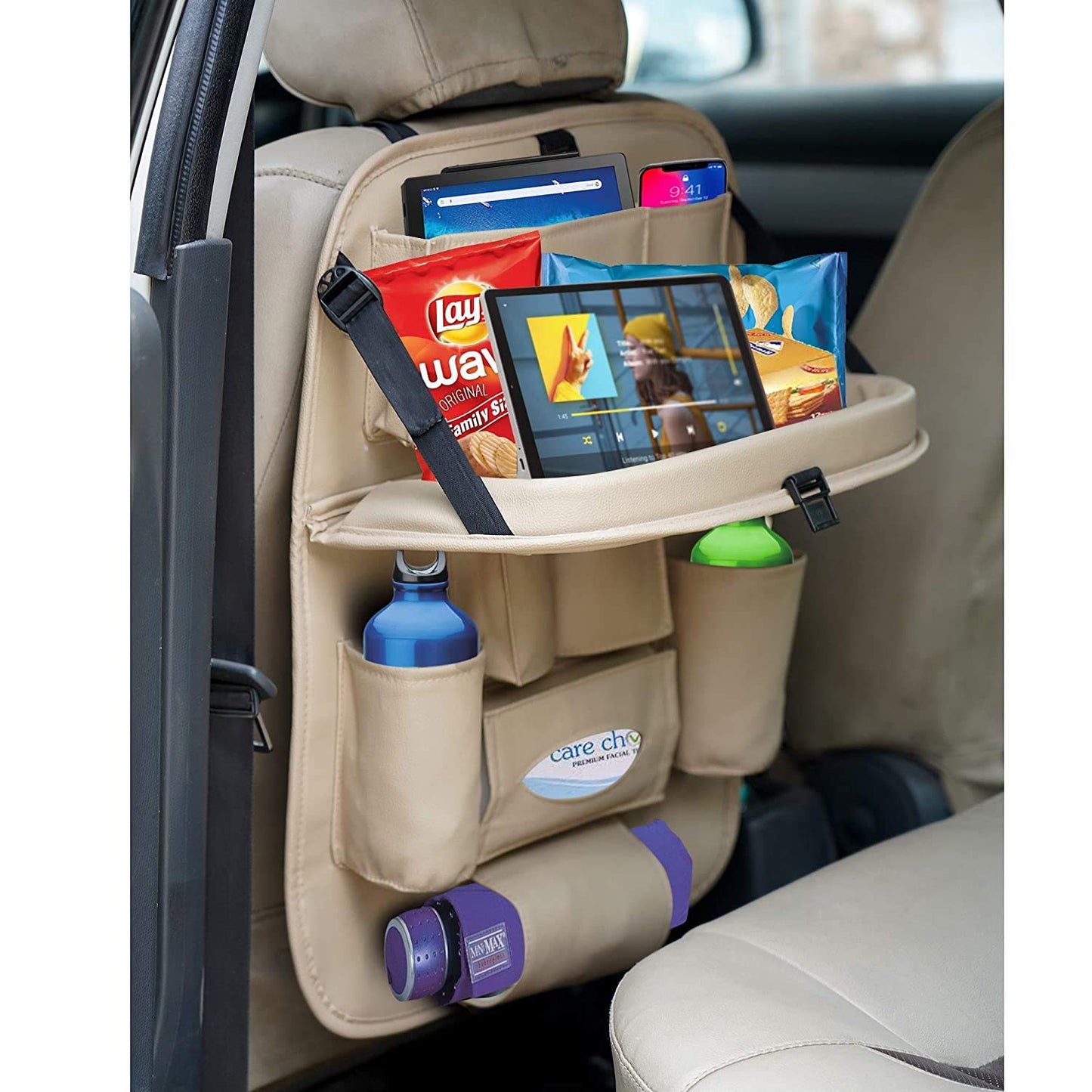 Oshotto Car Backseat Storage Organizer with Foldable Tray, Multi-Pocket for Bottles, Tissue Boxes Compatible with All Cars (Beige)