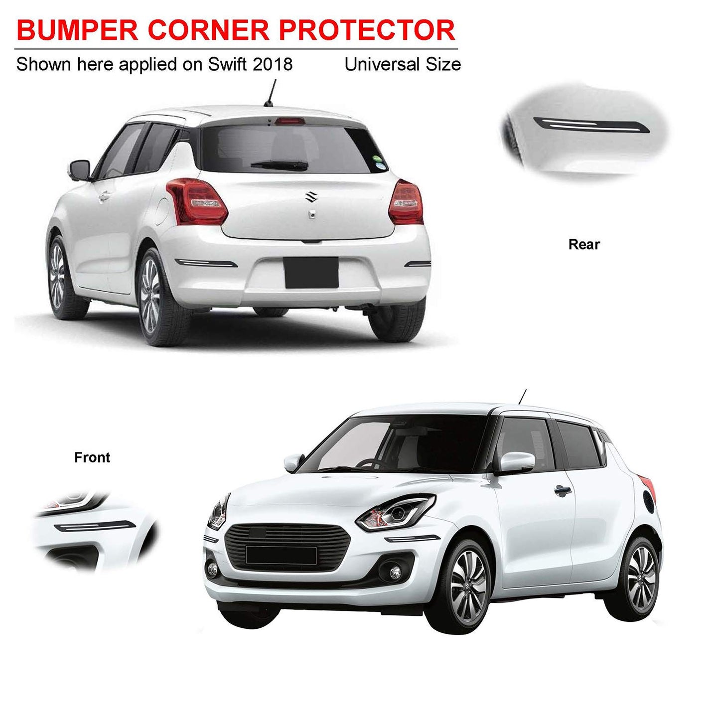 Oshotto (BP-02) Car Black Rubber Bumper Protector with Double Chrome line for All Cars -(Set of 4 pcs)