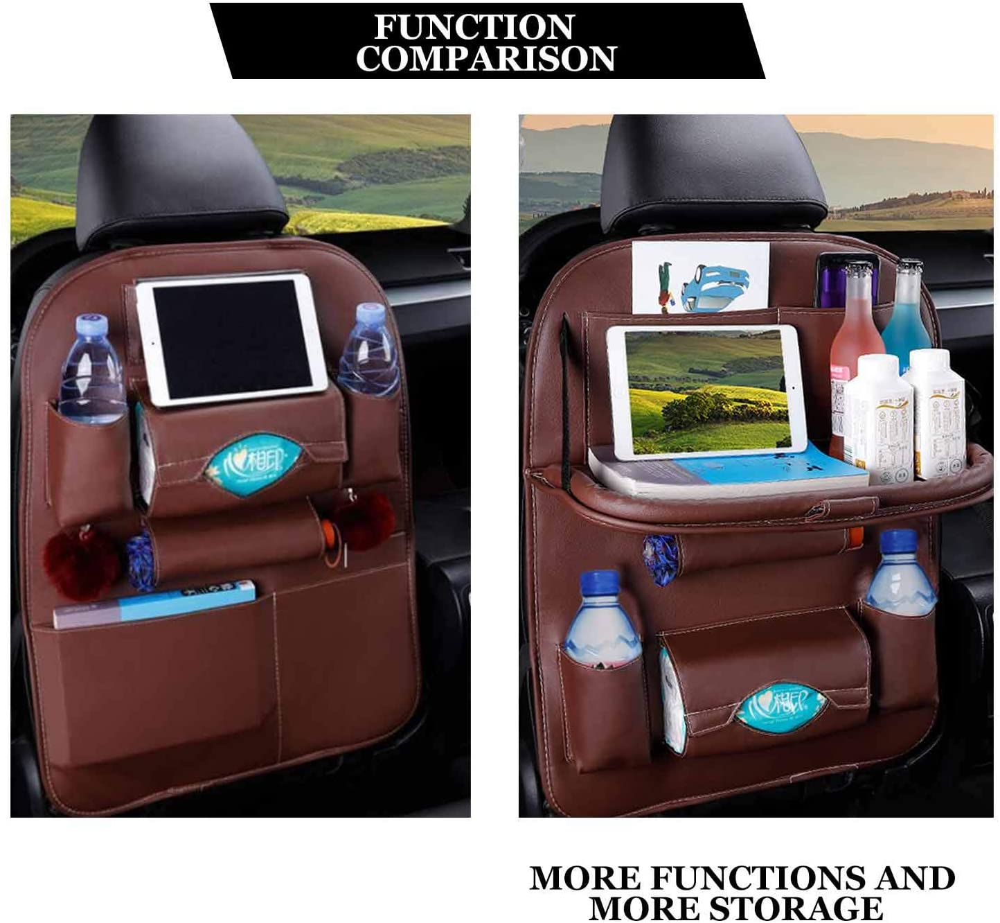 Oshotto Car Backseat Storage Organizer with Foldable Tray, Multi-Pocket for Bottles, Tissue Boxes Compatible with All Cars (Brown)