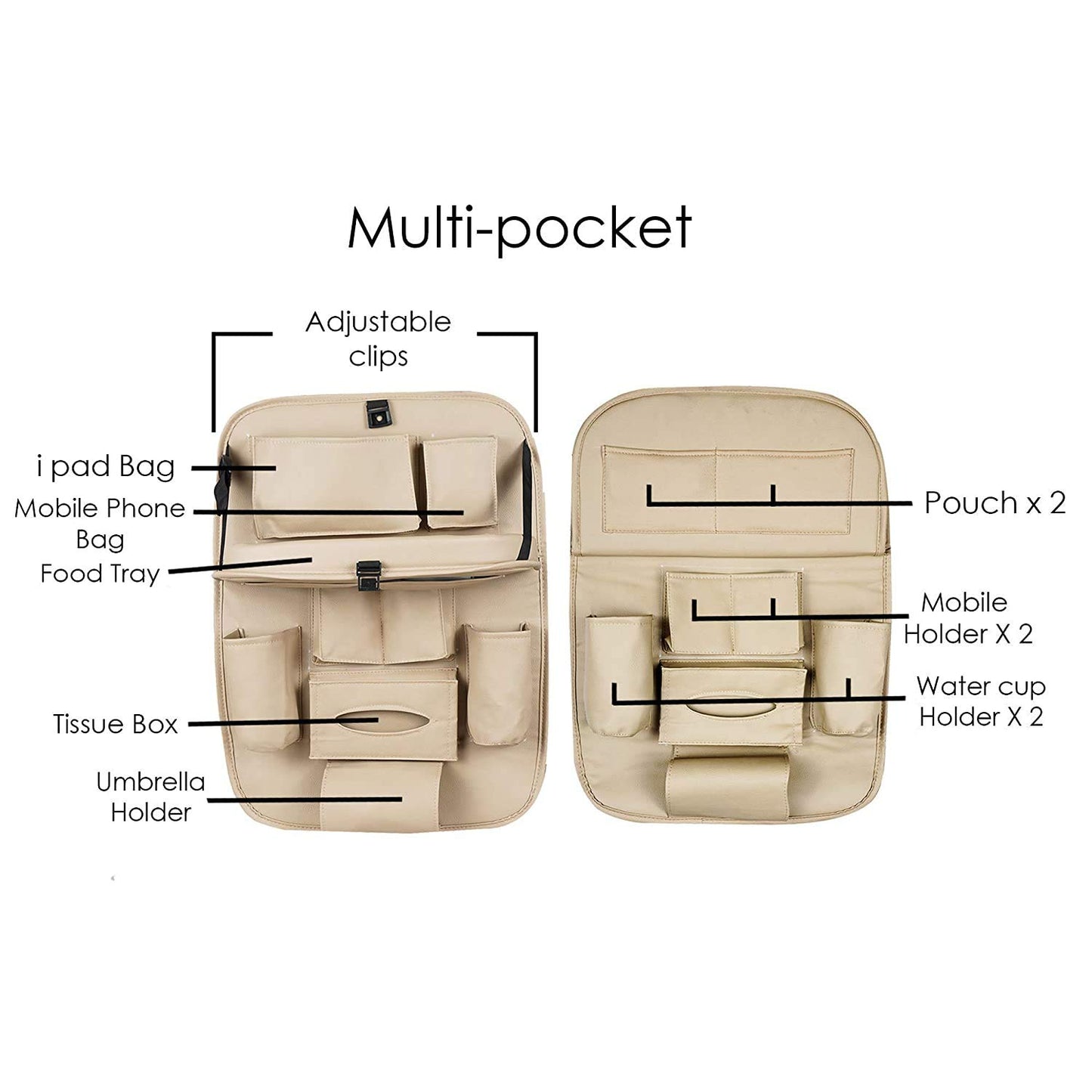 Oshotto Car Backseat Storage Organizer with Foldable Tray, Multi-Pocket for Bottles, Tissue Boxes Compatible with All Cars (Beige)