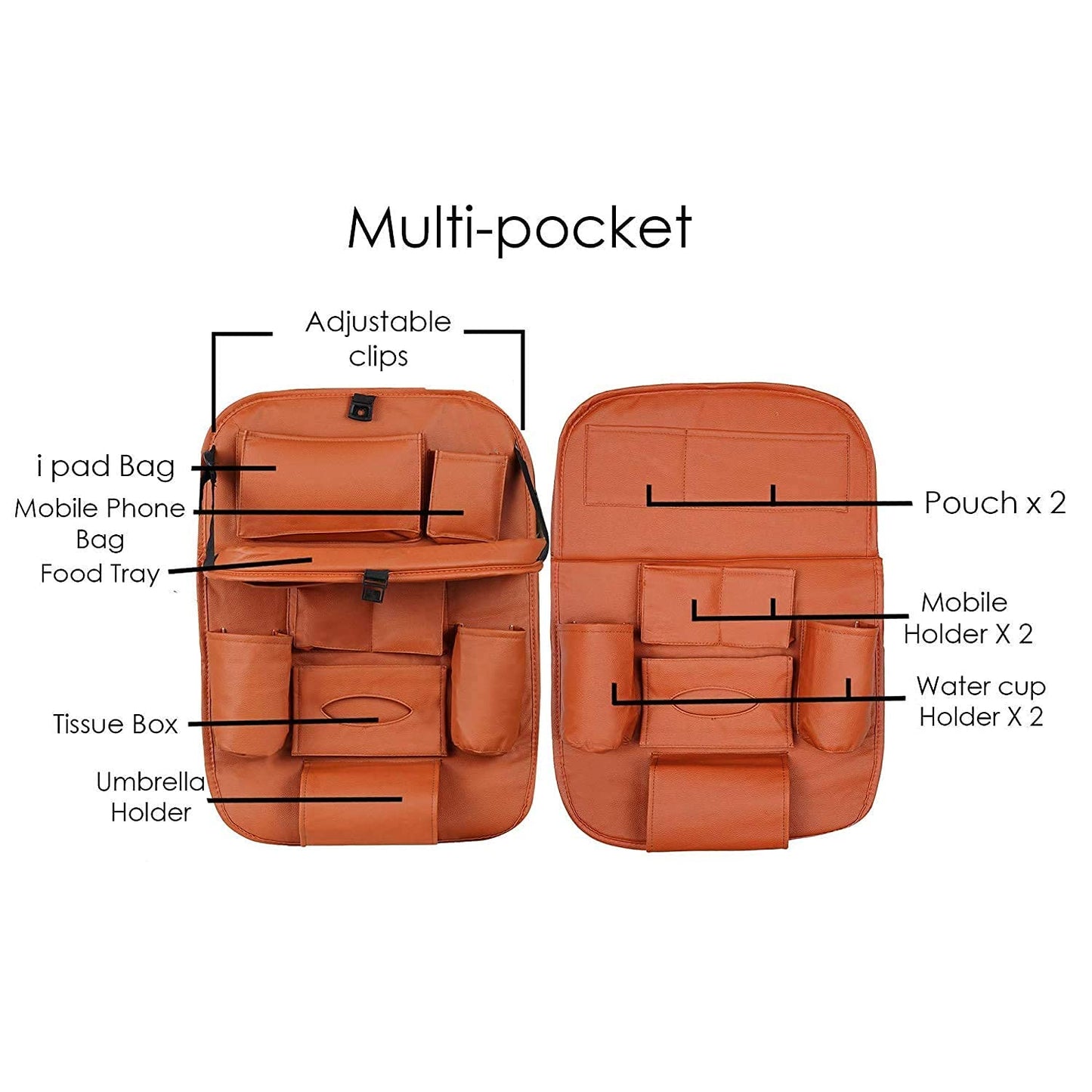 Oshotto Car Backseat Storage Organizer with Foldable Tray, Multi-Pocket for Bottles, Tissue Boxes Compatible with All Cars (Tan)