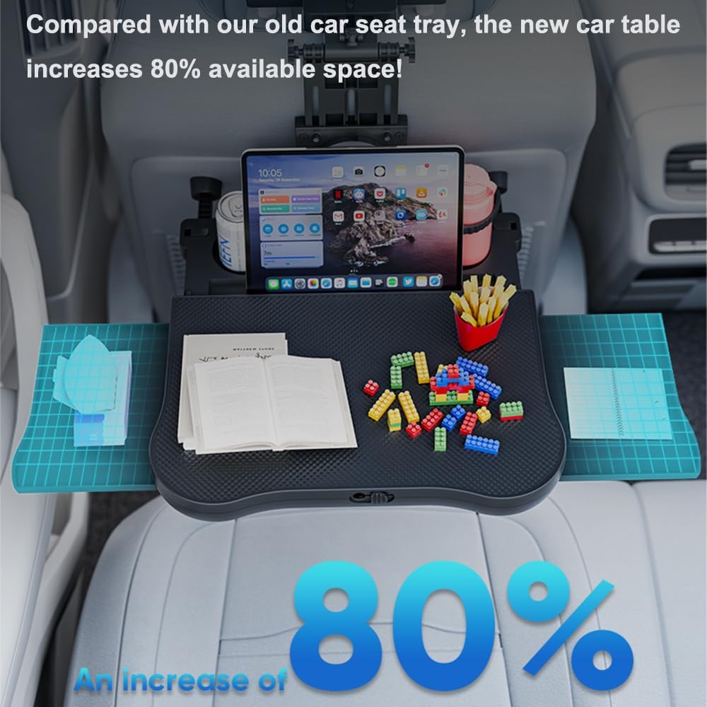 Oshotto (FT-10) Multifunctional Car Backseat Laptop and Food Tray Desk with Phone Holder, Cup Holder & Storage Drawers – Adjustable Foldable Car Table for Work, Travel & Dining