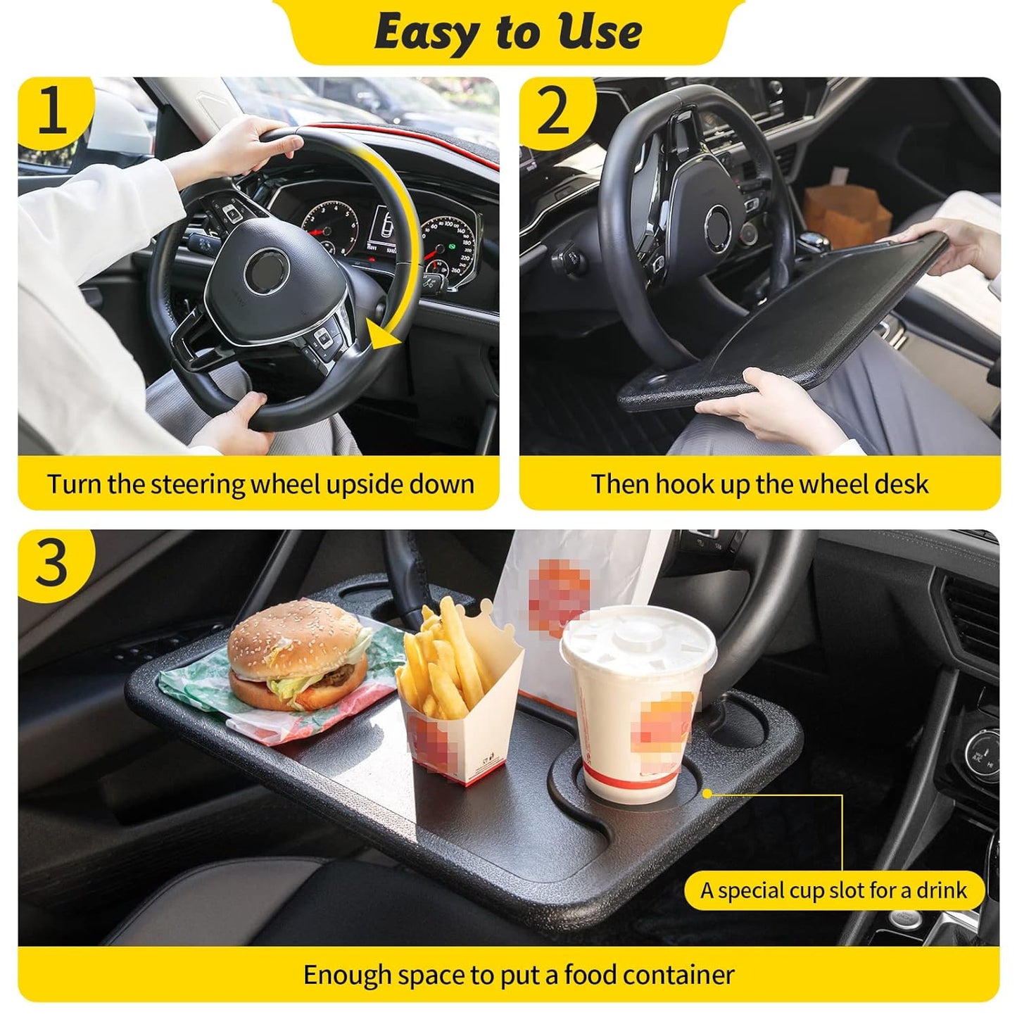 Oshotto (FT-05) Car Steering Wheel Desk | Food Table for Car | Laptop / Notepad| Steering Wheel Tray with Pen Holder For All Cars (Black)