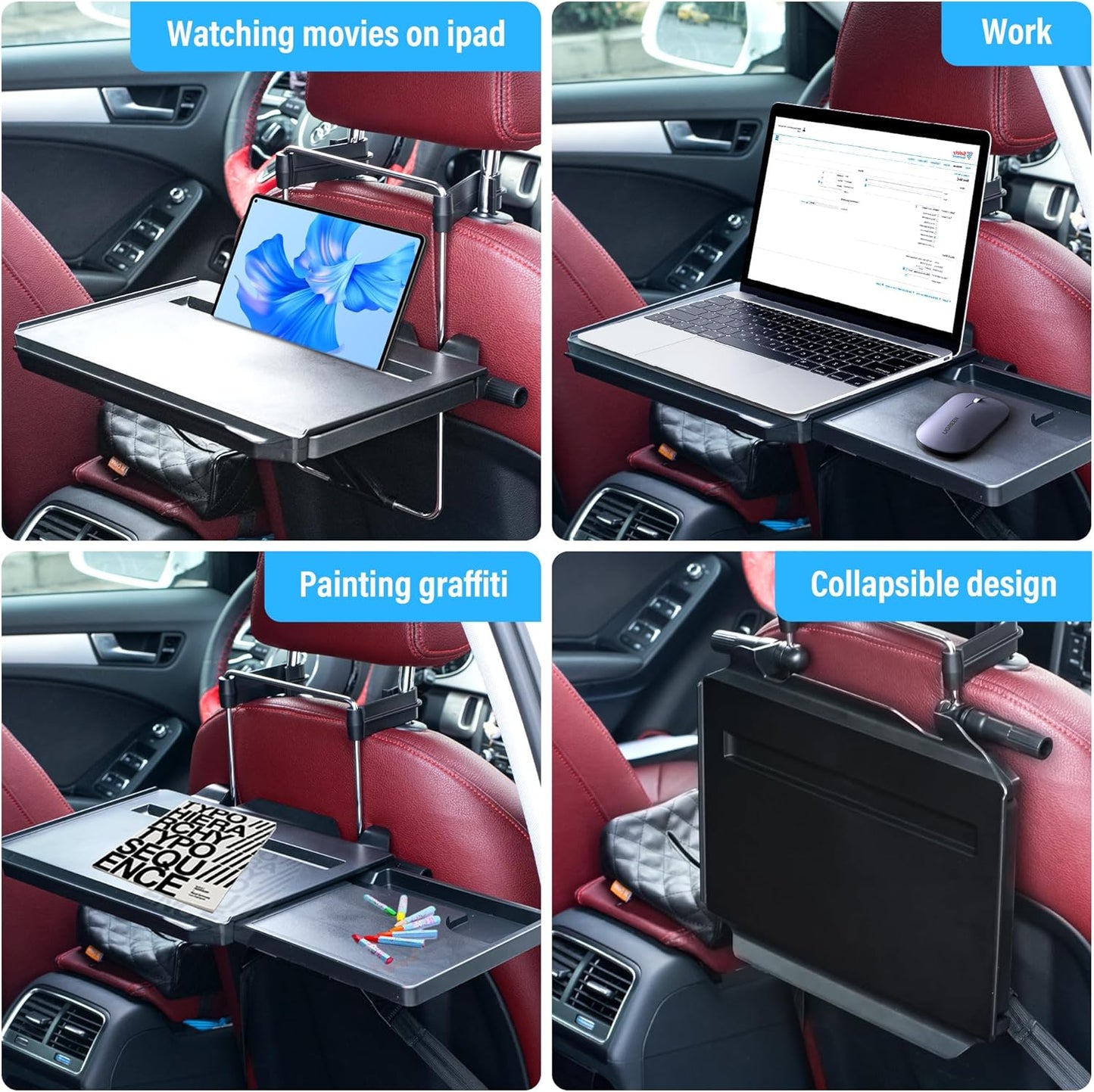 Oshotto (FT-08) Car Back Seat Tray Table with Phone Mount, Foldable Laptop Desk and Food Eating Tray for Vehicles (Black)