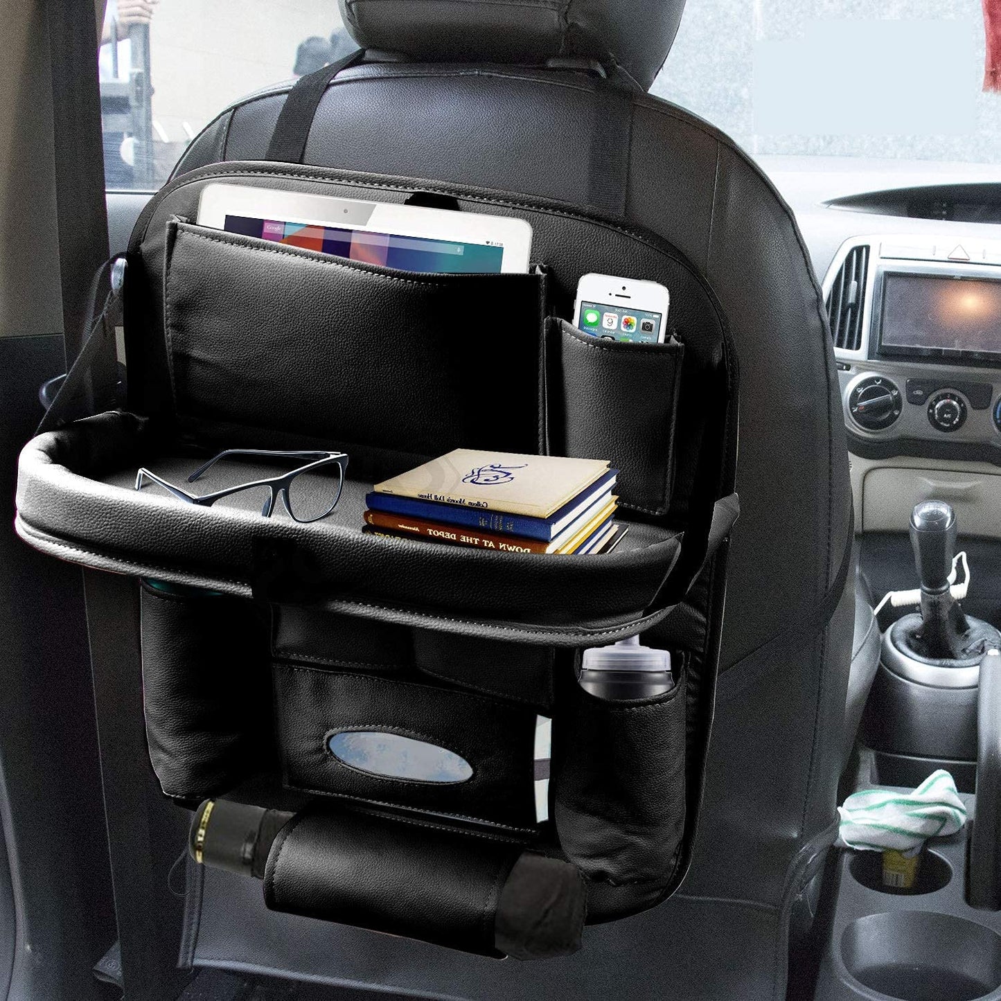 Oshotto Car Backseat Storage Organizer with Foldable Tray, Multi-Pocket for Bottles, Tissue Boxes Compatible with All Cars (Black)