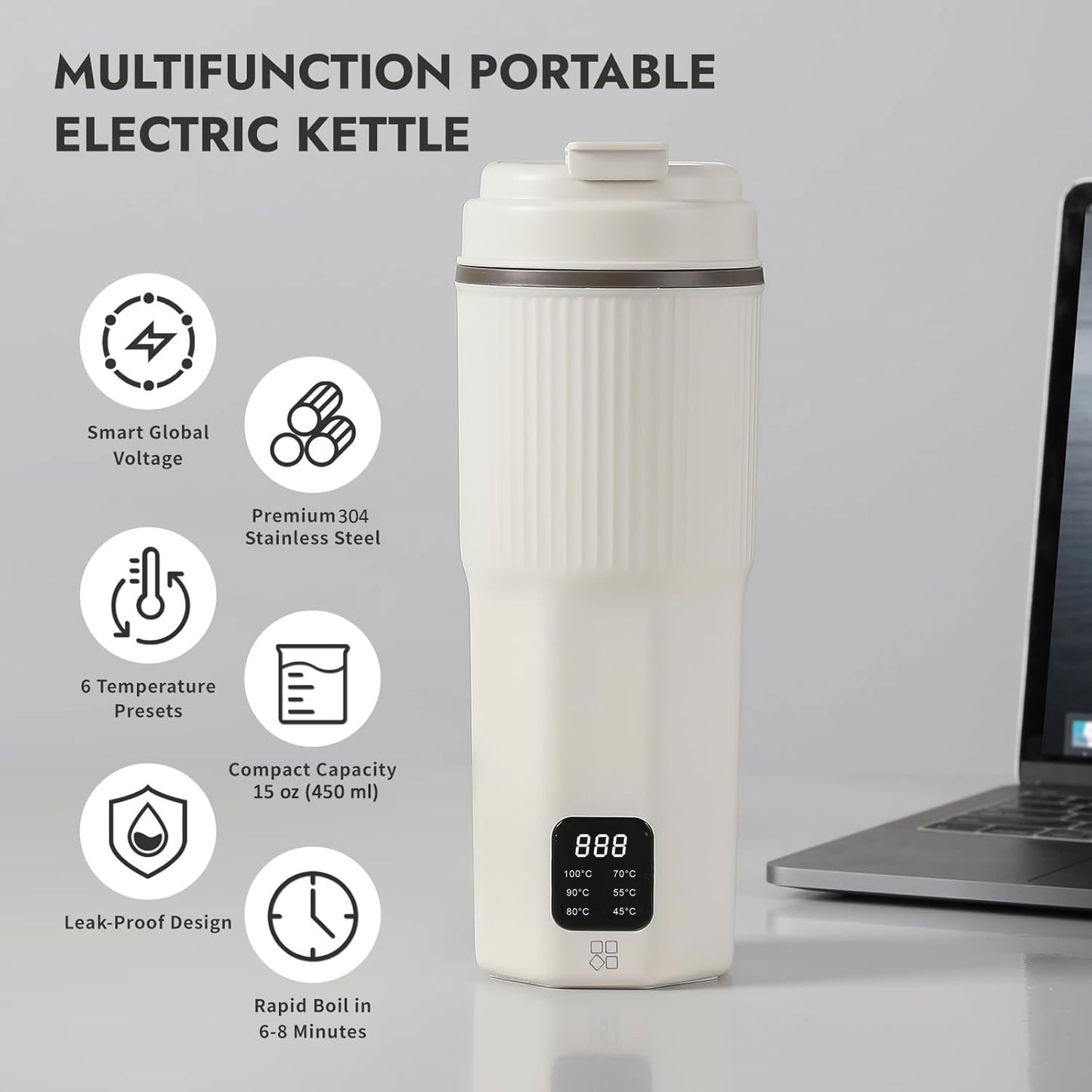 Oshotto 100-240V (CK06) Portable Electric Kettle 304 Stainless Steel Portable Kettle with 6 Temperature with Boil Dry Protection, BPA-Free For Travel Camping, Road Trip Warm White (450ml)