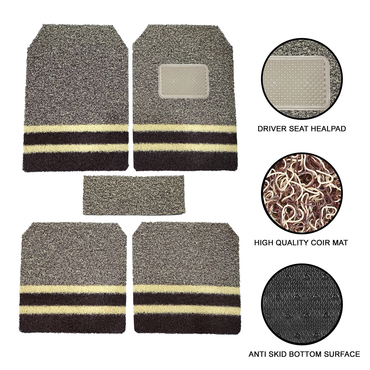 Oshotto Anti Skid Curly Noodle Grass 18mm Car Foot/Floor Mats for All Cars (Set of 5, Beige,Brown)